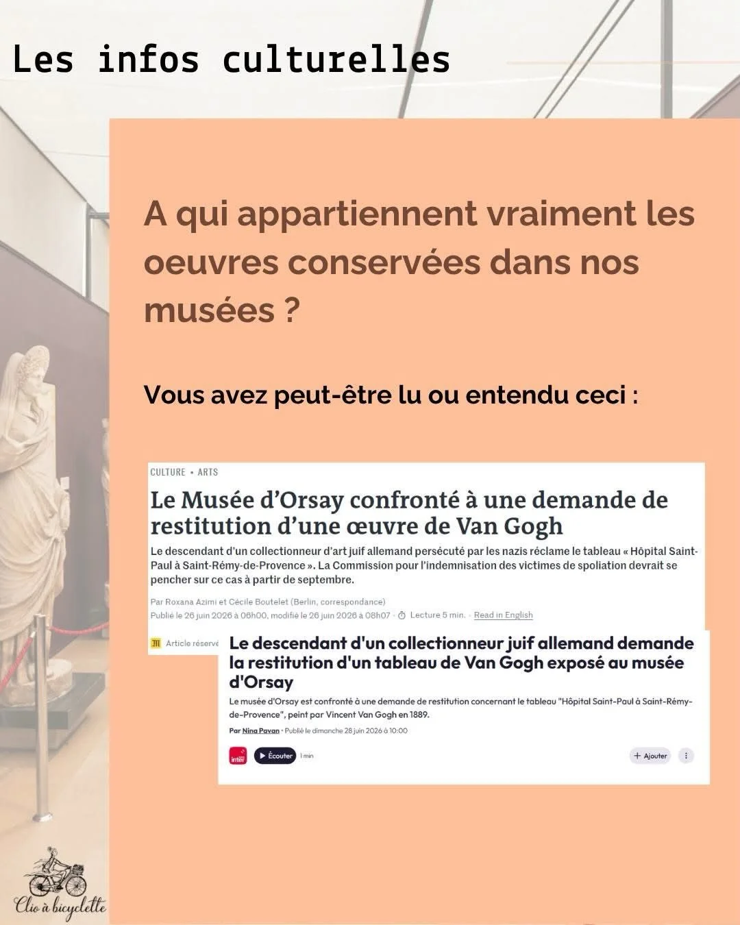 [ 🎭 Les infos culturelles ]

L&rsquo;adoption r&eacute;cente de la loi-cadre du 9 mai 2026 relative &agrave; la restitution des biens culturels marque un changement majeur. 

En simplifiant les proc&eacute;dures d&eacute;rogatoires au principe d&rsq