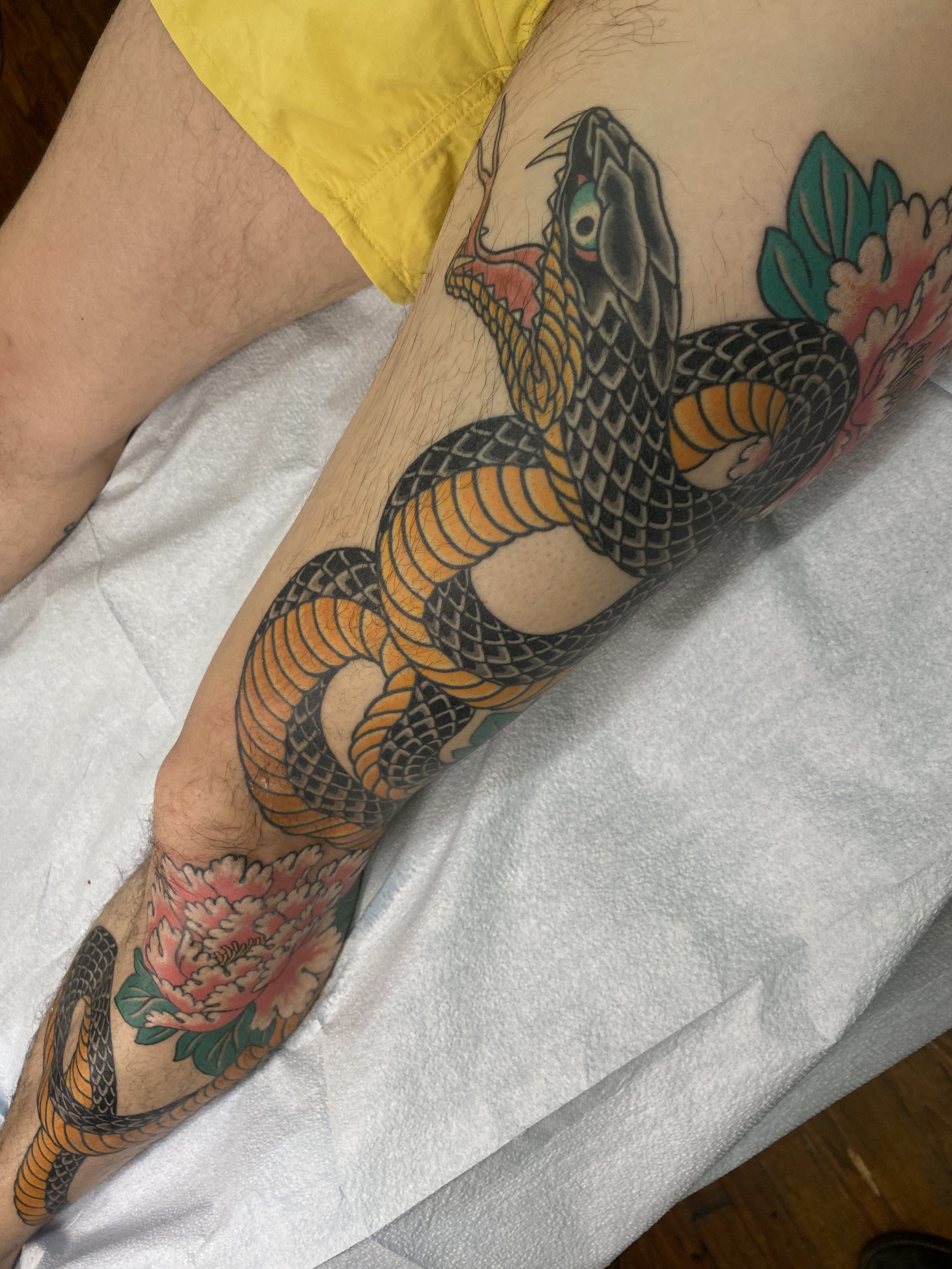  japanese style tattoo, big snake tattoo, snake tattoo, leg tattoo, leg tattoo ideas, tattoos for men, philadelphia tattoo 