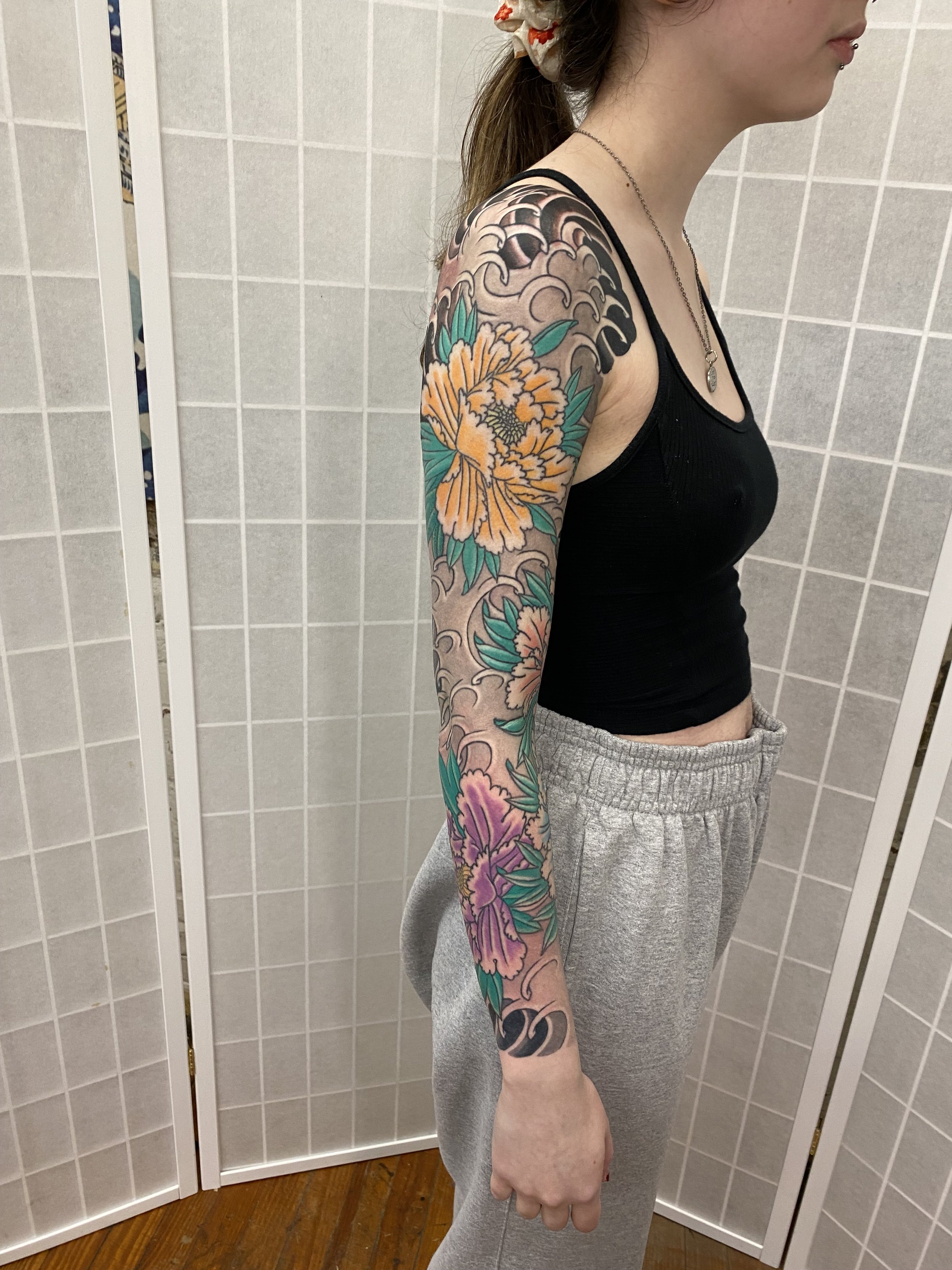  japanese style tattoo, philly tattoo, philadelphia japanese tattoo, japanese tattoo sleeve, floral tattoo sleeve, peony tattoo, peony tattoo sleeve, tattoo sleeve, tattoo ideas for women 