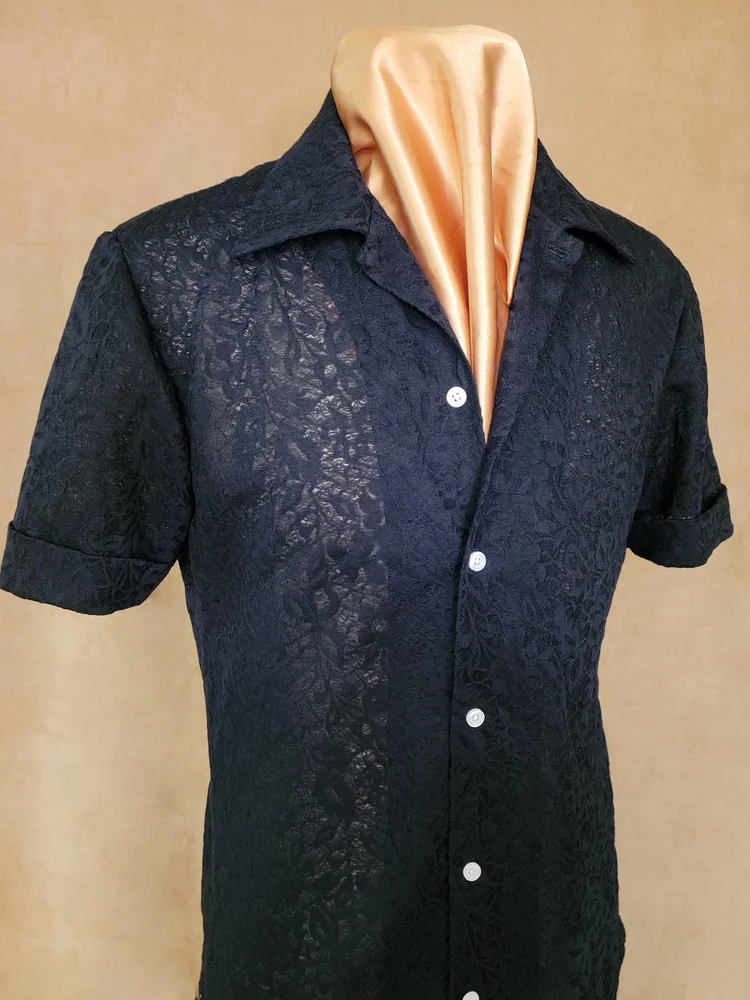 mens black lace dress shirt Dance America Mens Lace Sleeve and Panel Shirt with Trunks MS34