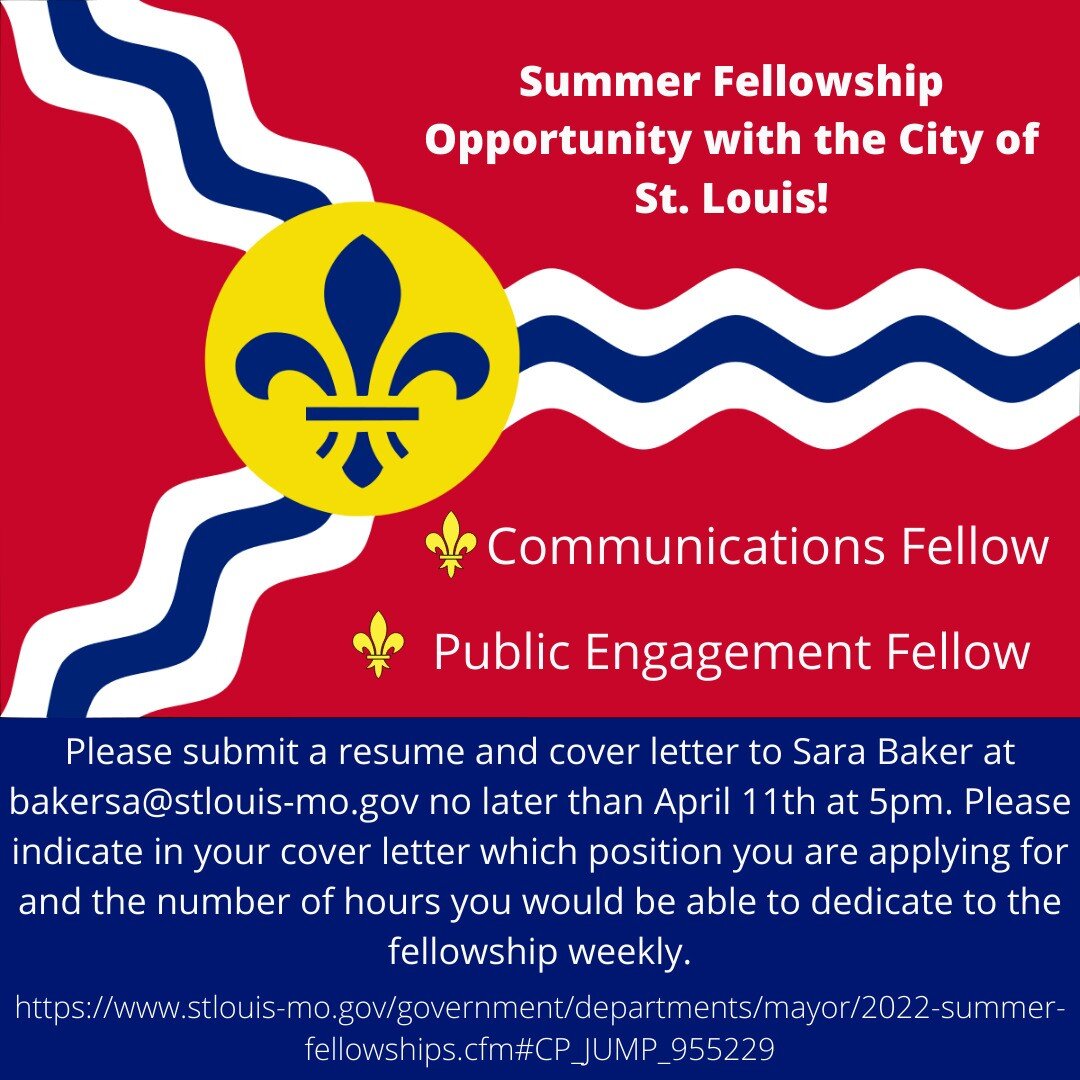 Webster SOC Communications Students - looking for an awesome summer job?

Work for the City of St. Louis! https://www.stlouis-mo.gov/government/departments/mayor/2022-summer-fellowships.cfm#CP_JUMP_955229

Fellows will be paid $15/ hour and will have