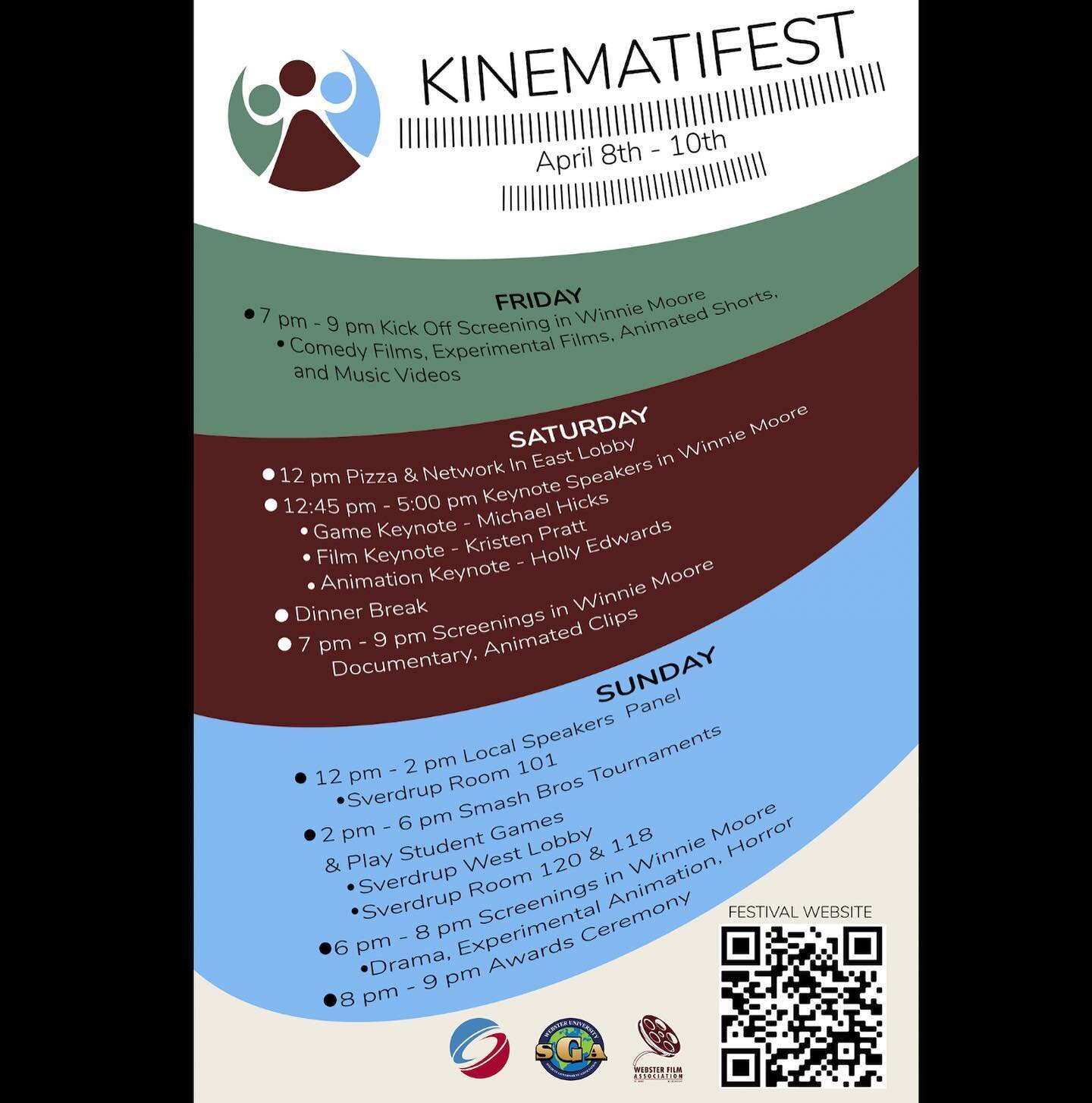 This year's Kinematifest kicks off today! 

Webster Film Association, Siggraph, and Webster Game Development Club are coming together to host Kinematifest, a multimedia festival meant to show off communication students' wonderful skills and delight a