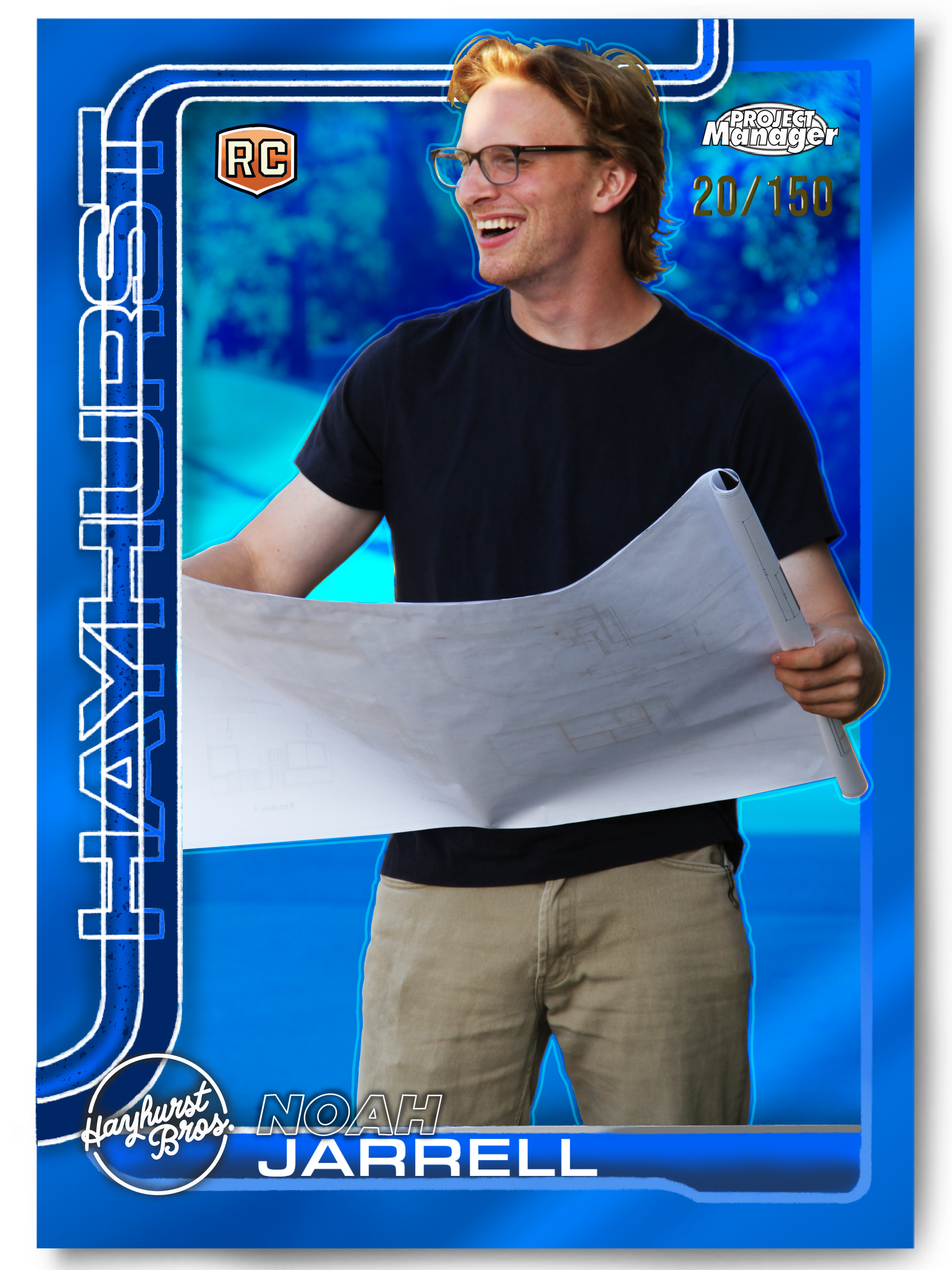 A promotional poster featuring a young man with glasses, smiling and holding large architectural blueprints. The background has a blue theme with white outlines of building structures, and the poster includes text such as 'NOAH JARRELL', 'PROJECT Man