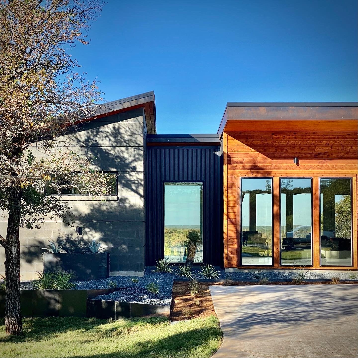 Modern house with a combination of concrete, black metal, and wooden exterior, large glass windows, and a landscaped yard with small plants and a tree.