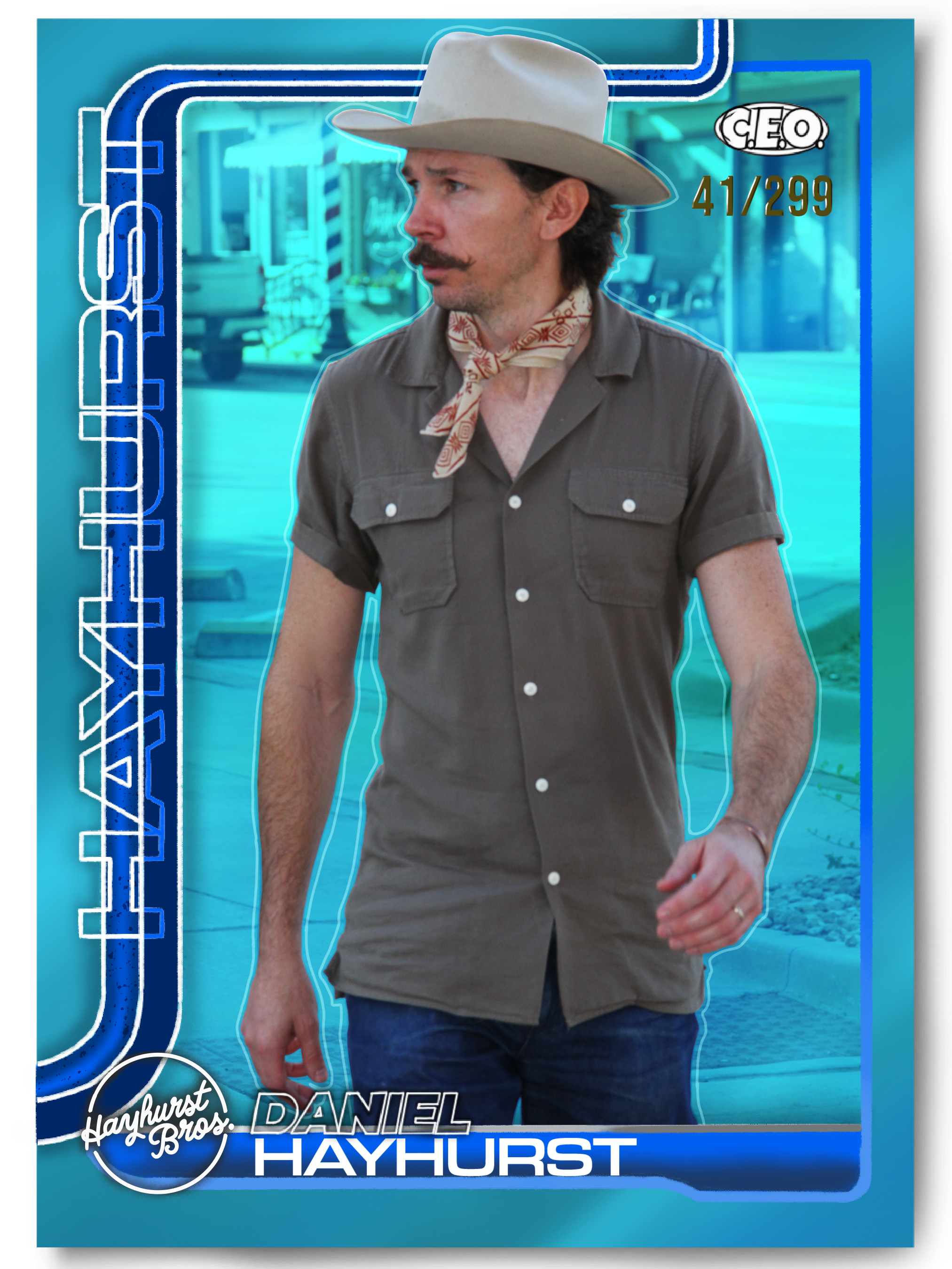 Political campaign poster for Daniel Hayhurst with a man in a beige cowboy hat and gray shirt, background of blue neon signs and city street.