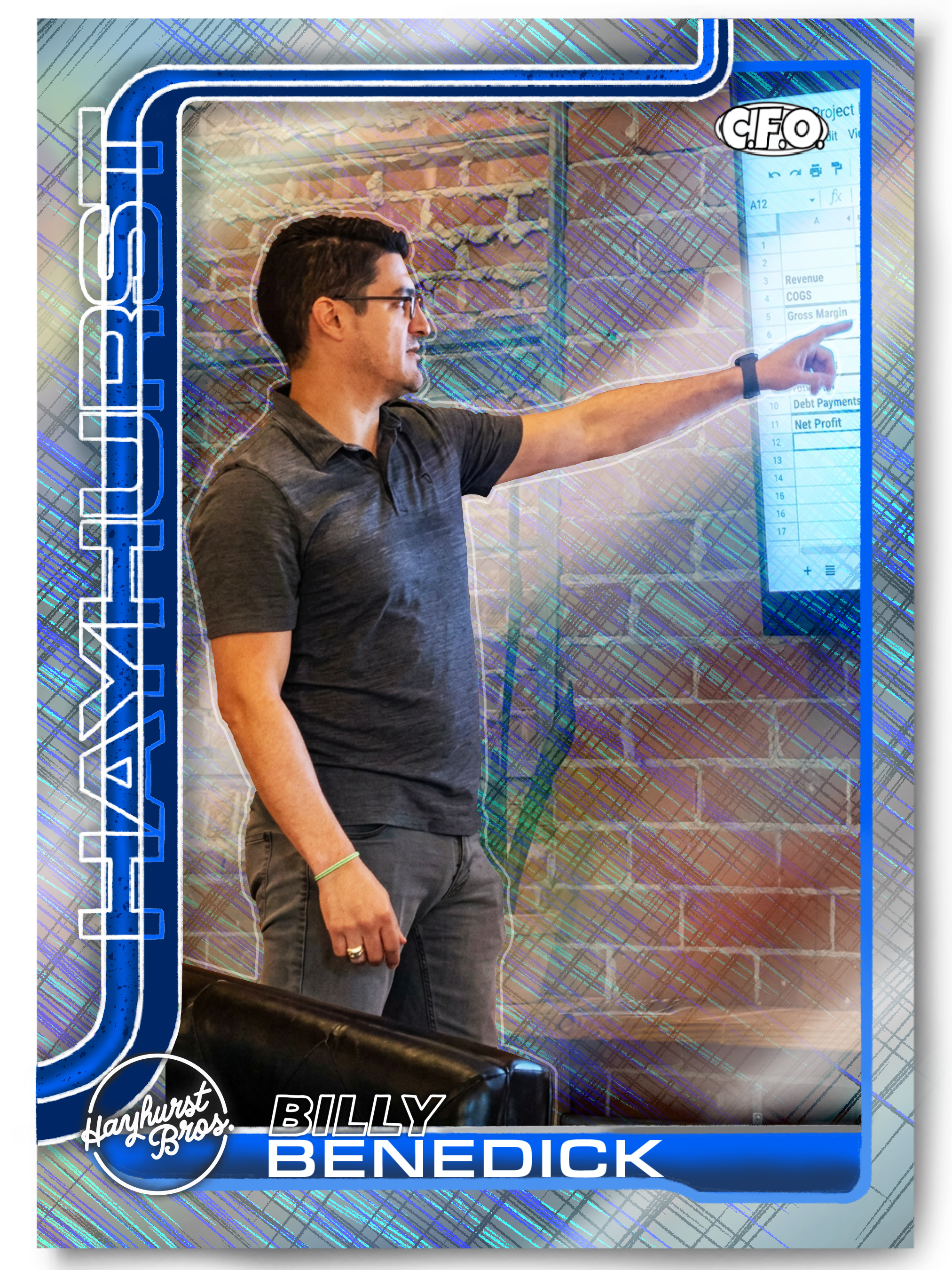 Image of a man pointing at a spreadsheet on a digital screen, with logos for Hayhurst Bros and Billy Benedick, featuring a blue and gray color scheme and abstract lines and shapes.