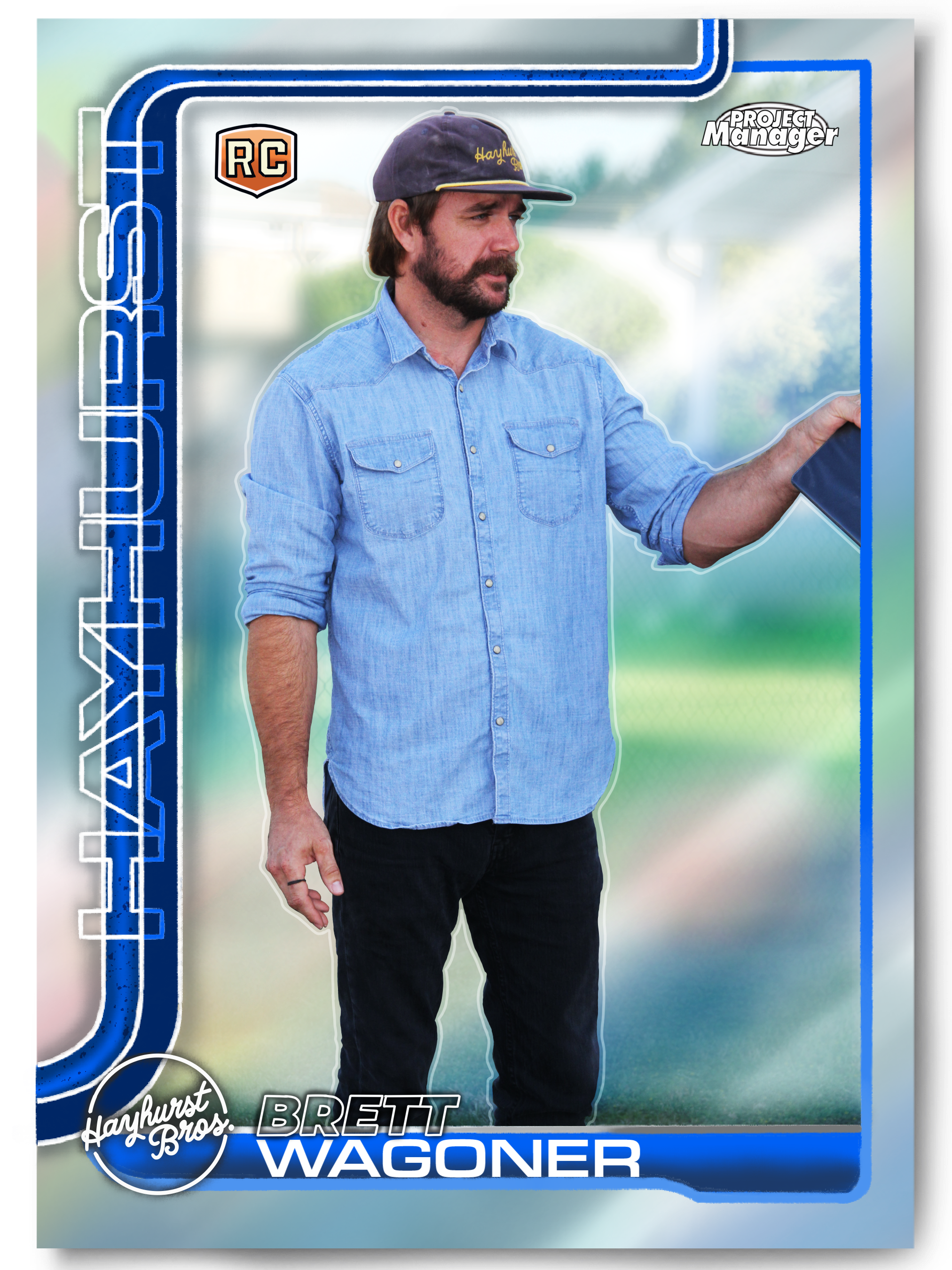 A promotional poster for the movie 'Wagoneer' featuring a man in casual clothing holding a phone, with text and logos indicating it is part of the 'Hayhurst Bros.' project, including names 'Brett' and a graphic design with blue, white, and black elem