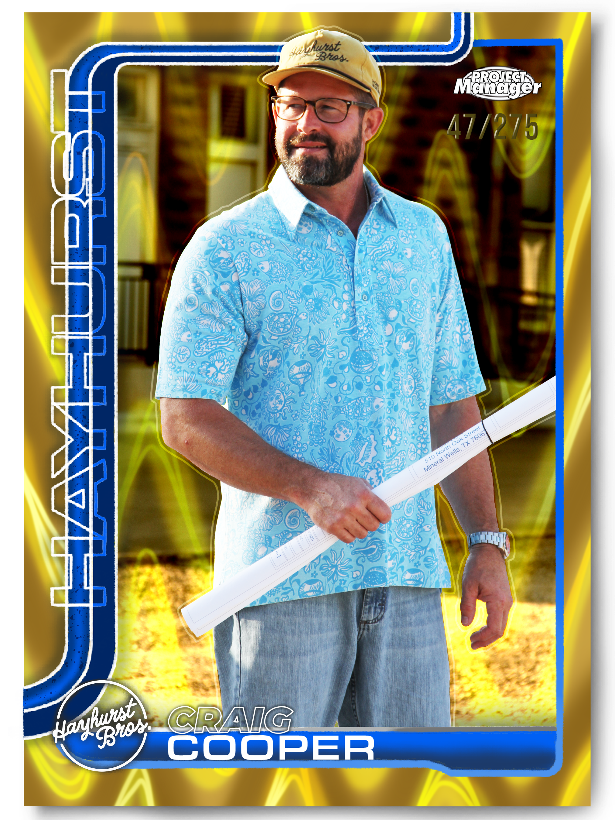 A promotional poster featuring a man holding a rolled-up blueprint, wearing a blue patterned shirt and glasses, with a background of a house and yellow lighting effects. The poster includes the Hayeshurst Bros. logo and text indicating Craig Cooper's