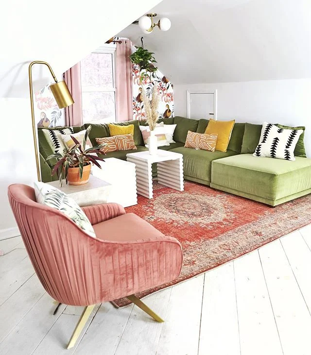 Sharing a different angle of our bonus room tonight! This living space is actually extra attic space upstairs off of my bedroom. .
And for those of you who&rsquo;ve asked, wallpaper is from @anewalldecor , pink chair from @eclectic_goods , and the ru