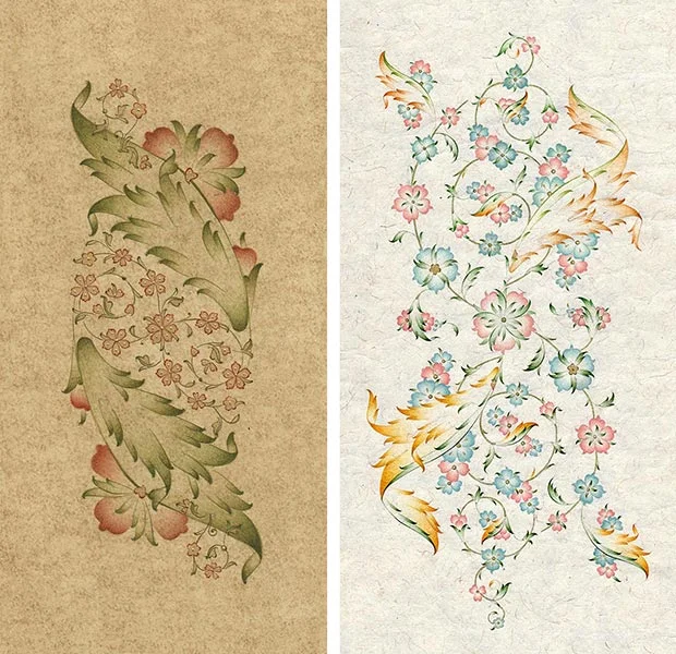 Lutfiye Depeler, L. Koltuk tasarimi, 7,5-16 cm, gold and watercolour, 2014 / R. Searching of colours: 19-37 cm, watercolour and gold, 2016 / Courtesy of the Artist>
