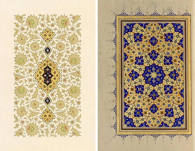 Fatma Özçay L. Halkâr panel, 2015, 54x34 cm / R. Zahriye page, 2004, 9x14 cm / Both handmade polished paper, water color and pure gold.