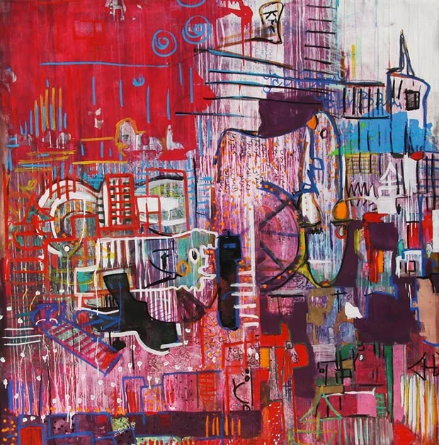 Aya Elfallah, The red city, mixed media on canavs, 2x2m, 2014