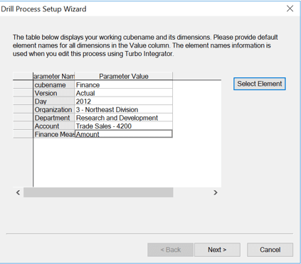 Planning Analytics- First Window of Dill Process Setup Wizard