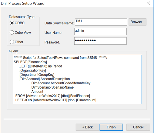 Planning Analytics- Second Window of Dill Process Setup Wizard