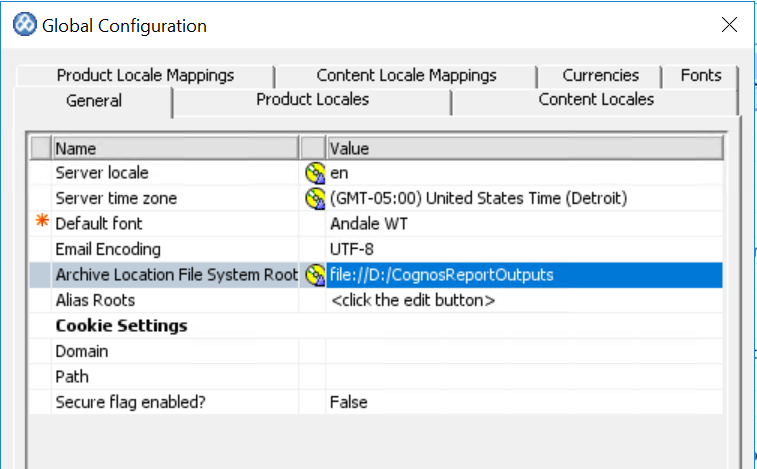 Cognos Global Configuration Dialog Box- General Tab