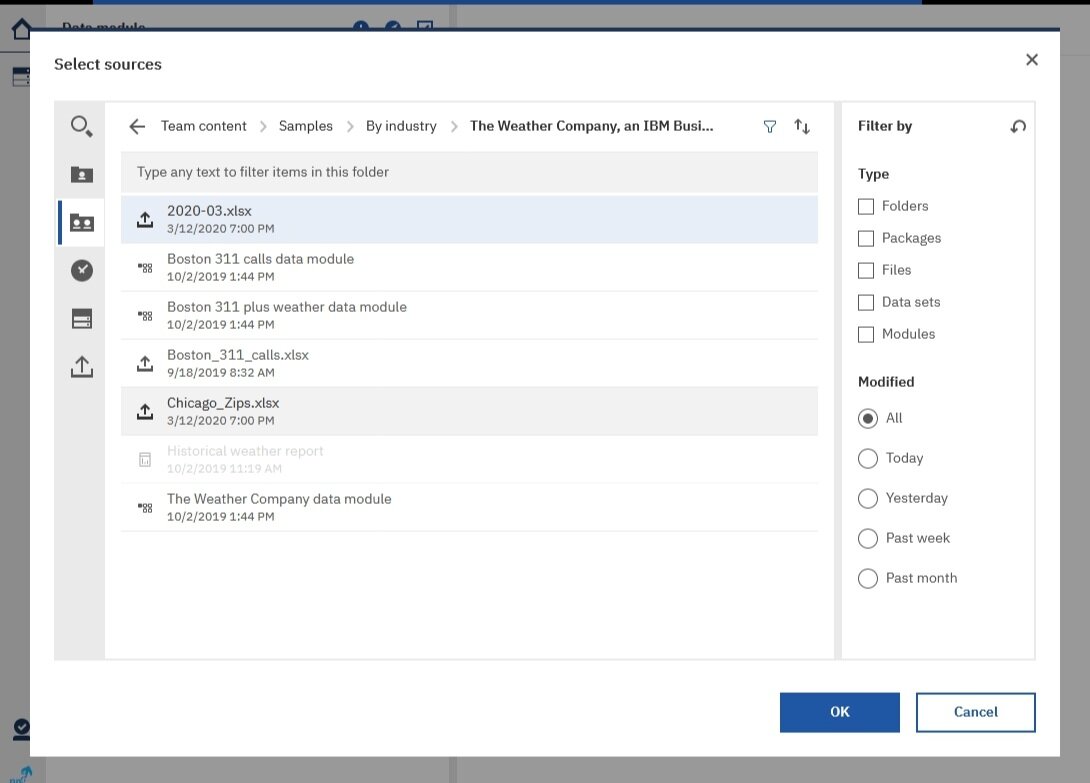 Excel workbooks selected as source for Cognos Data Module