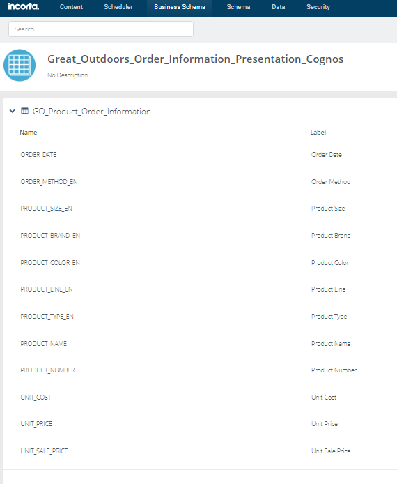 Importing Incorta Business Schema into Cognos Analytics