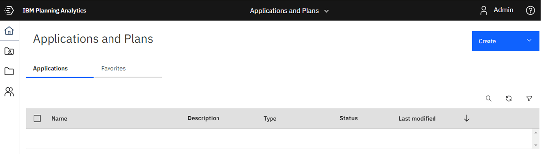 Planning Analytics Applications and Plans Screen with no plans