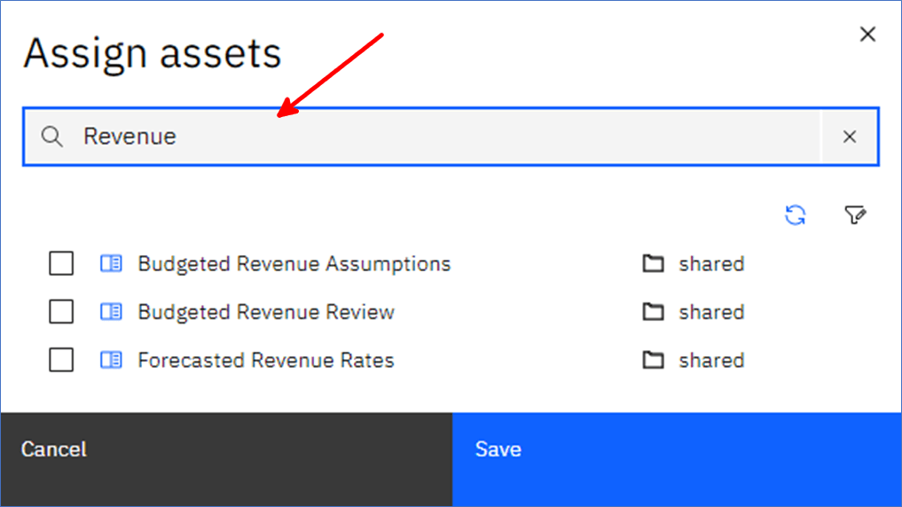 IBM Planning Analytics Applications - Assign Assets Search