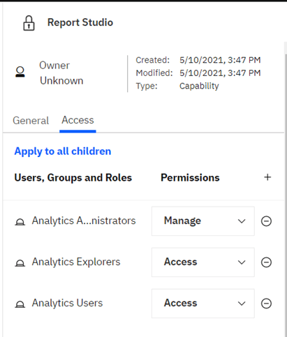 How to set capabilities for Analytics Administrator, Analytics Explorer, and Analytics User in IBM Cognos Analytics