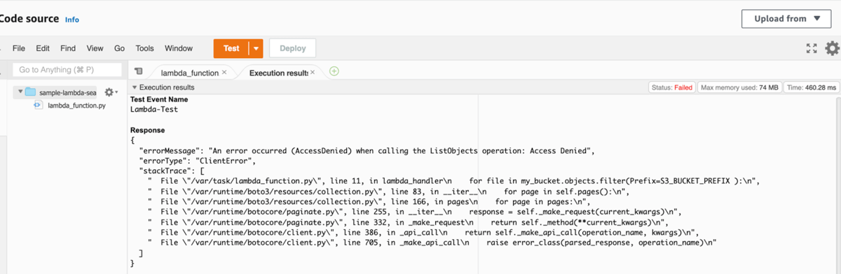 Error code on Lambda sample event