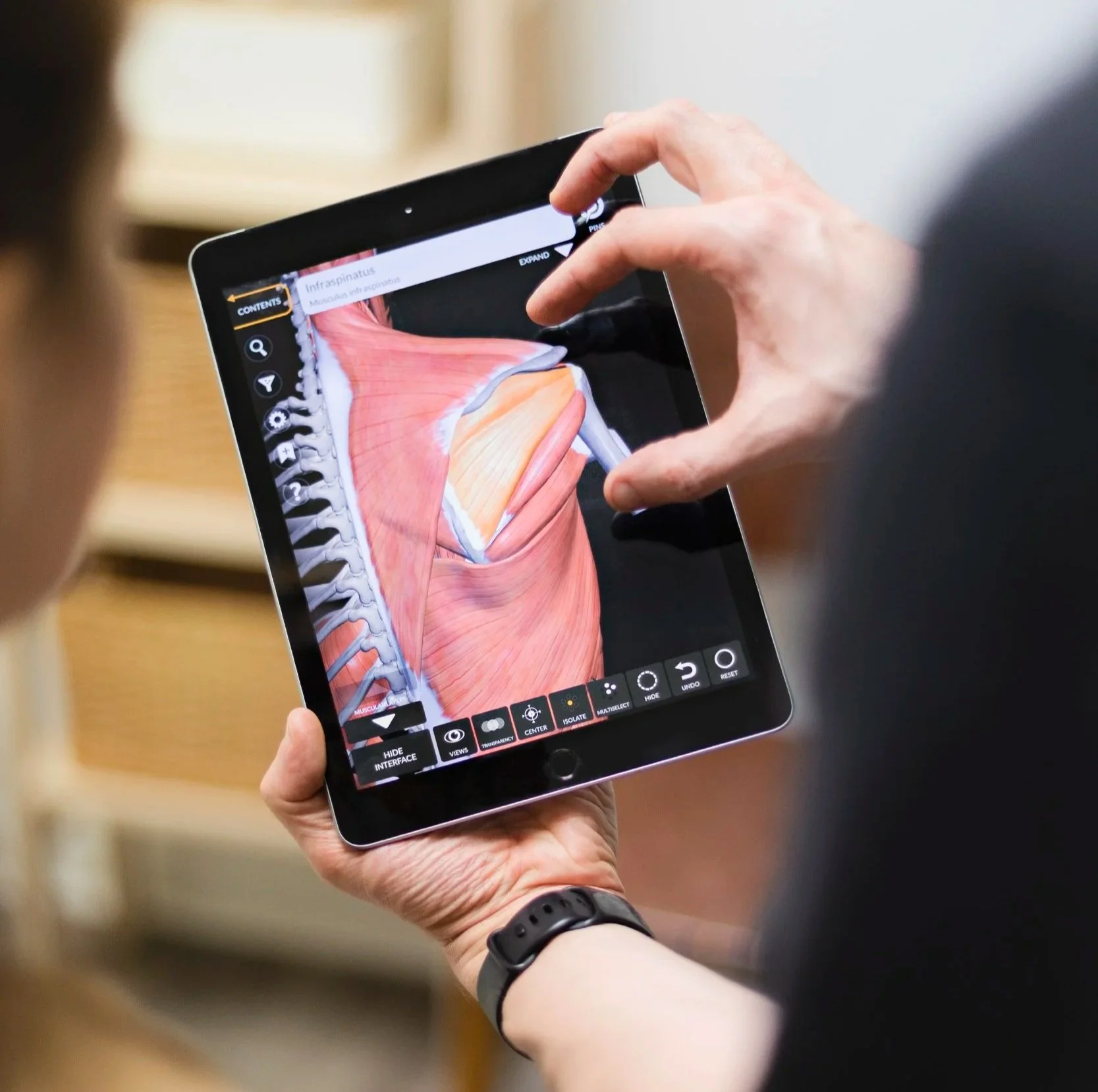 Person holding a tablet with an anatomy diagram of the shoulder muscles on the screen.