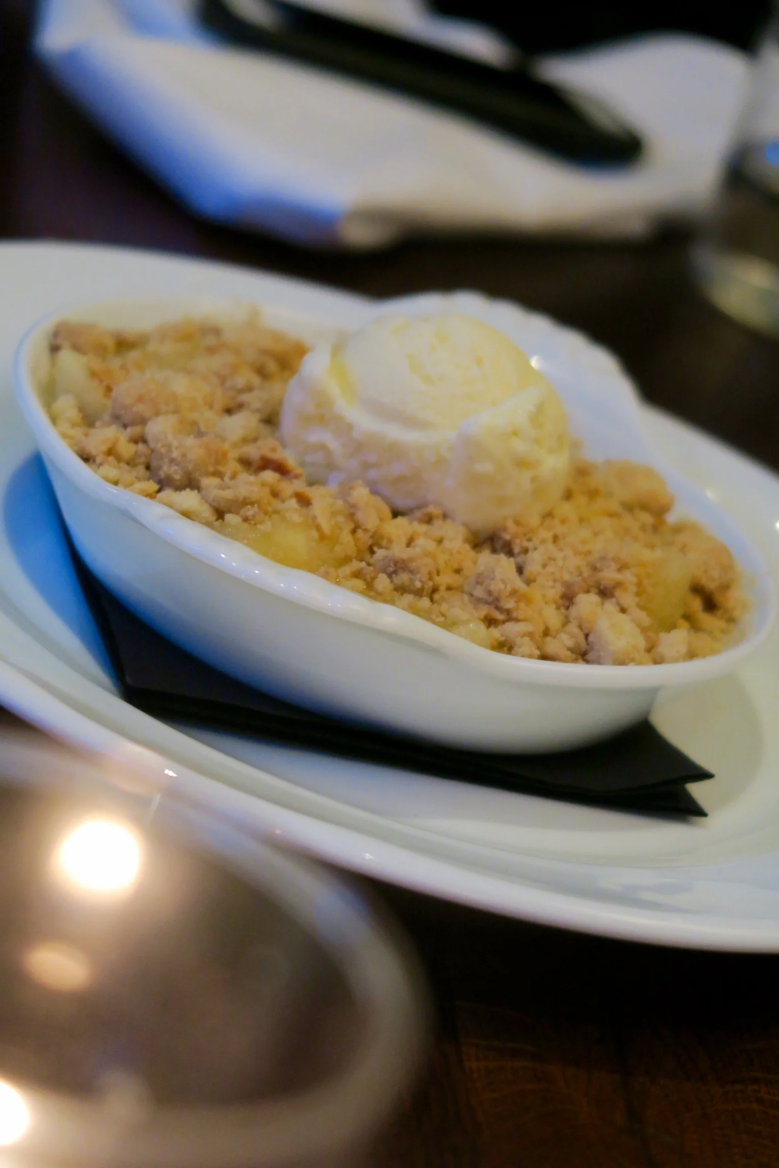 Apple and ginger crumble, ice cream