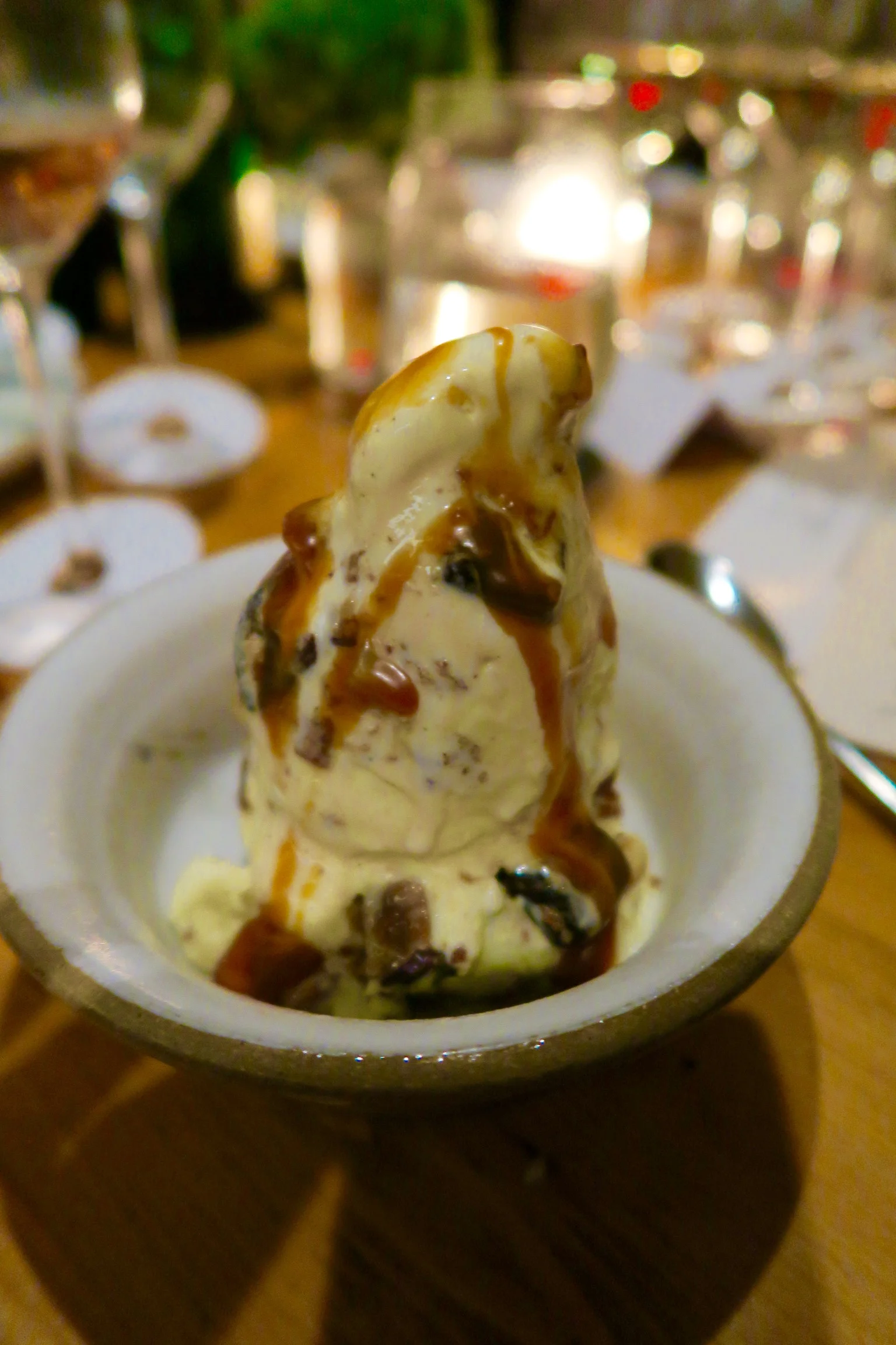 VANILLA ICE CREAM sundae with pretzels, walnut toffee, chocolate cookie-fudge and meyer lemon