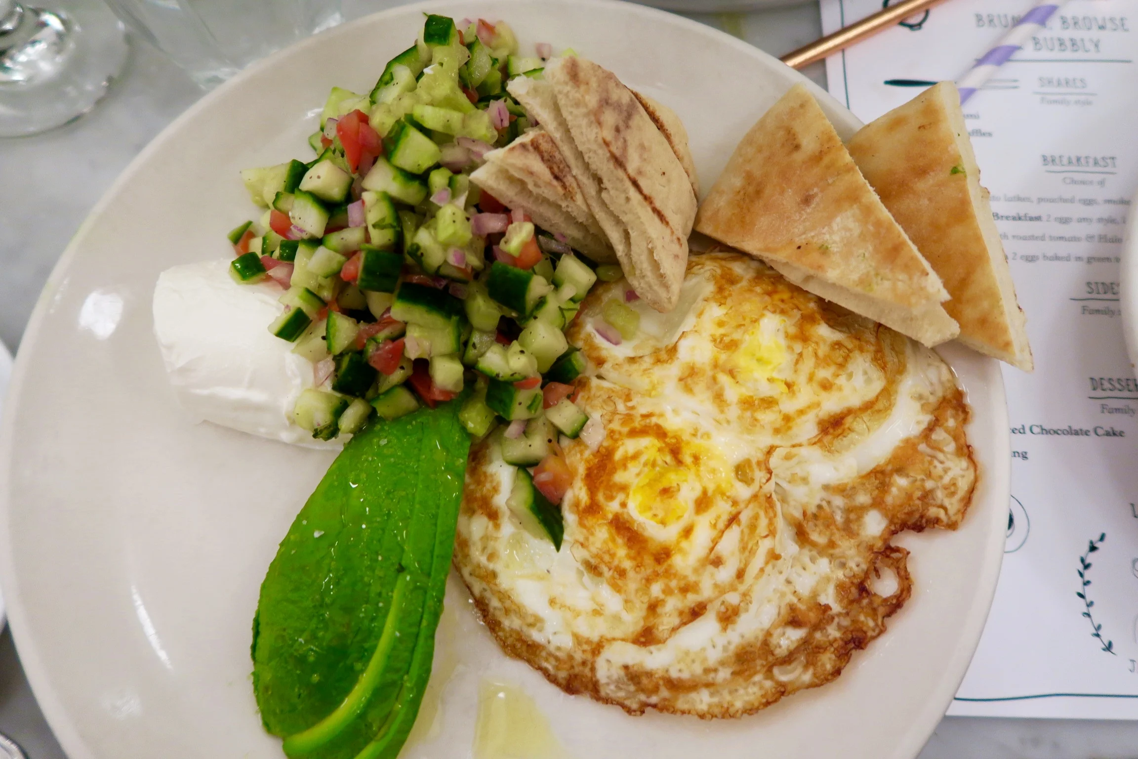 Mediterranean Breakfast Two eggs any style, chopped salad, labne, avocado, and pita bread