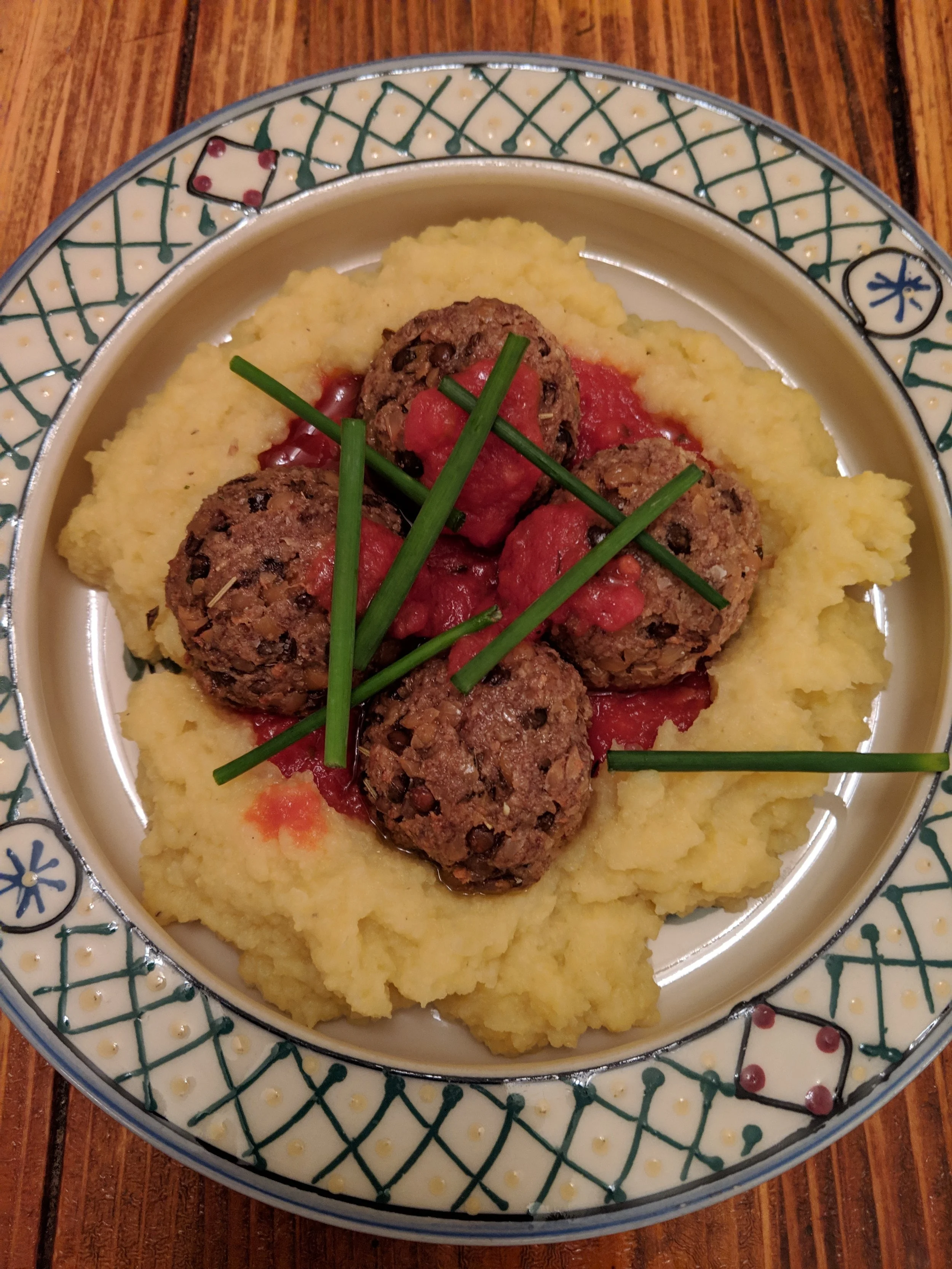 Chickpeas and Lentils “Meatballs” with a truffle-cauliflower purée