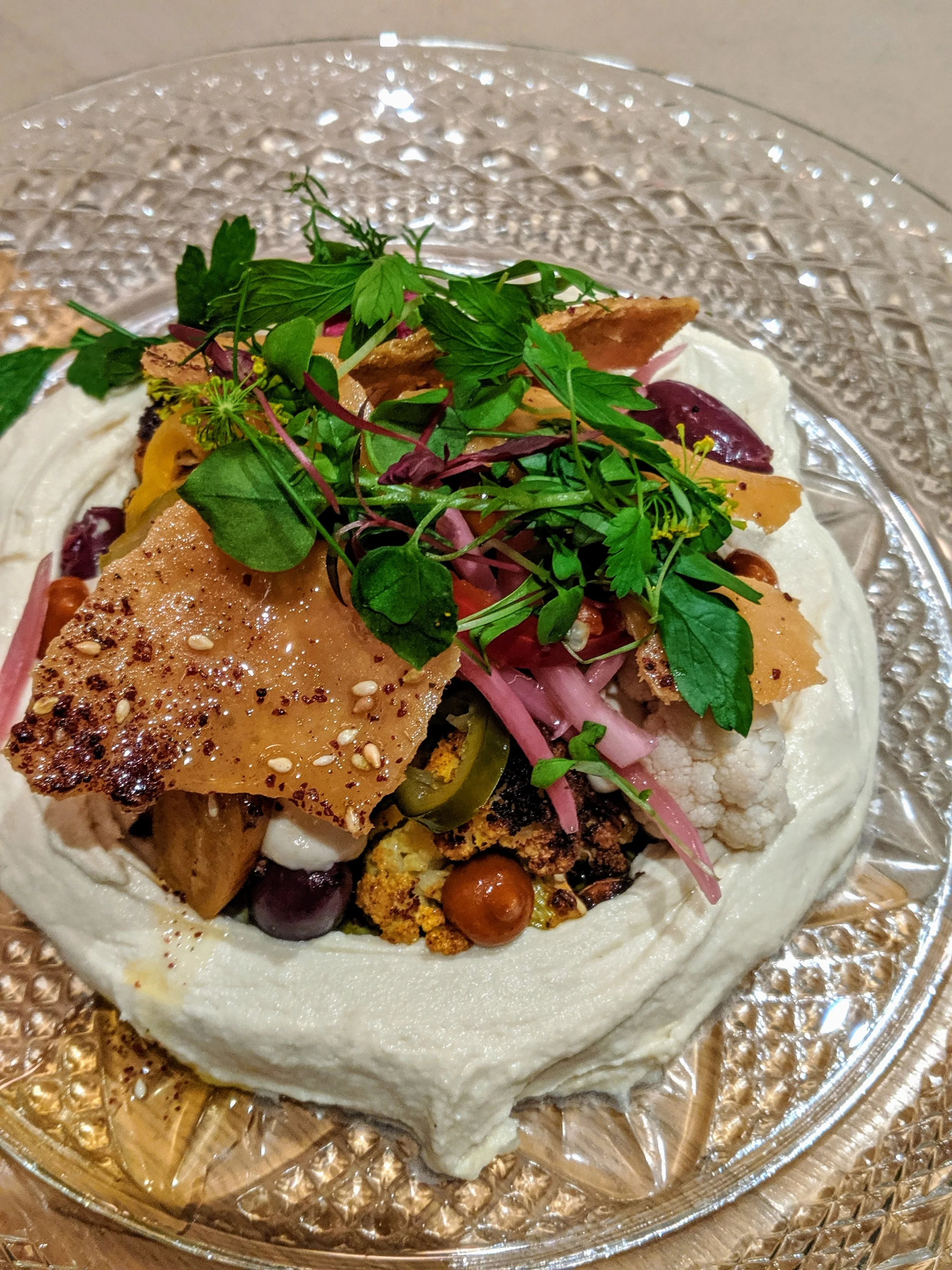 Dip In Hummus, Babaganoush, Labneh Pickled Vegetables, Tahini, Pita