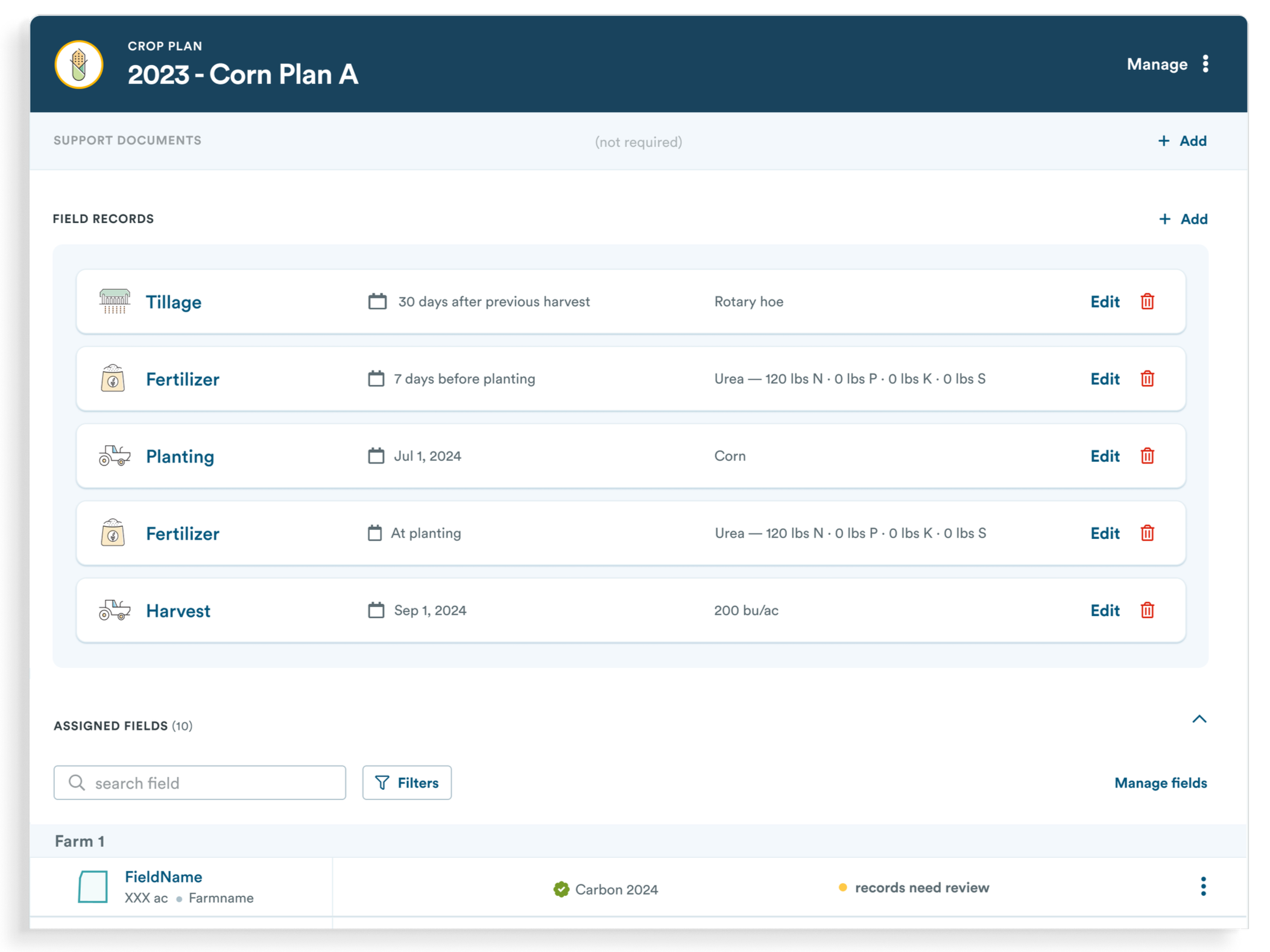 Crop Plan management view