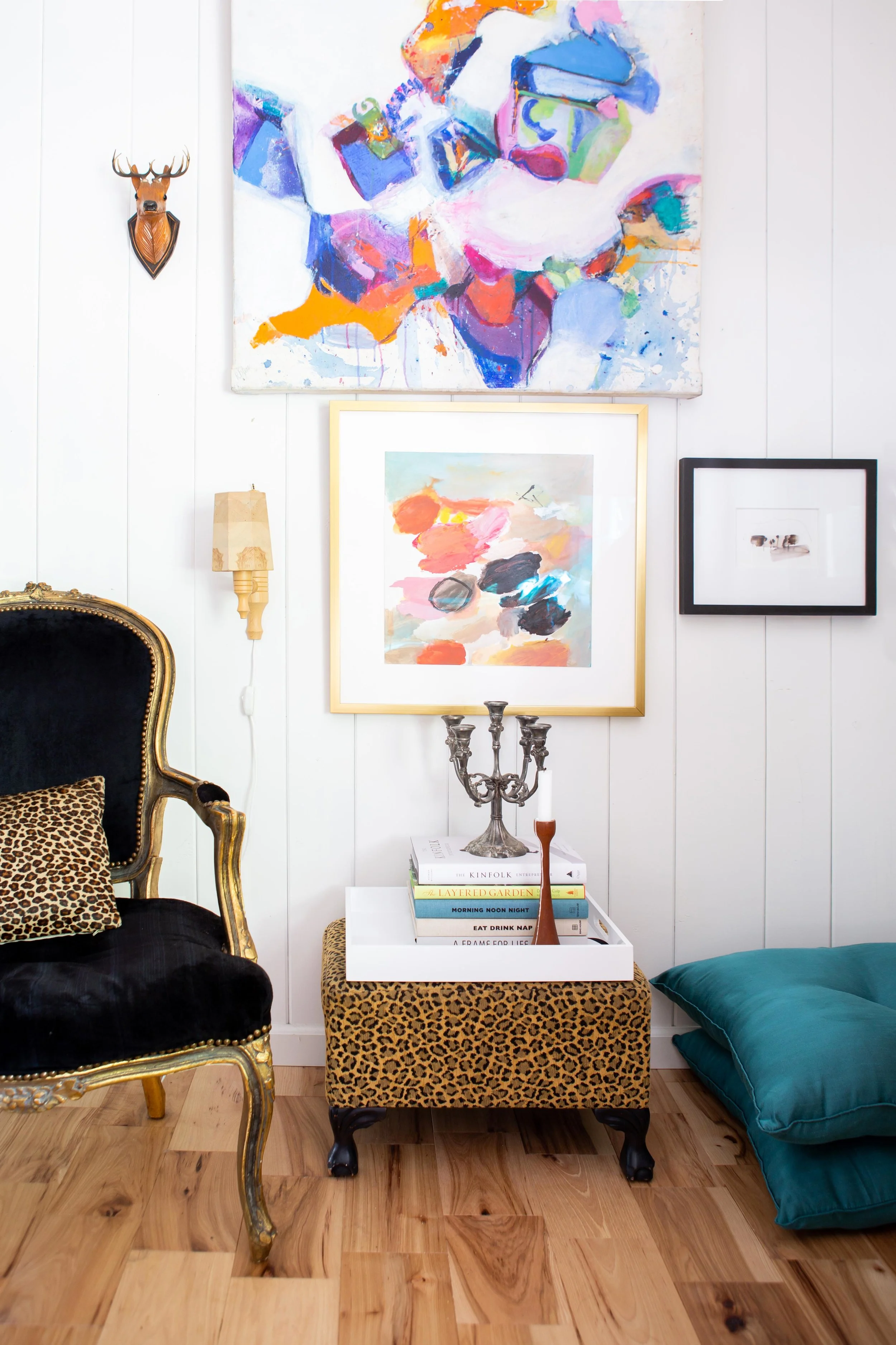 In all corners of the studio, Young’s artwork, such as this full suite of his Géométrique Collection, is juxtaposed with antiques-store treasures and his most beloved art books. “My work is just as much about the things I love as it is about me,” he says.