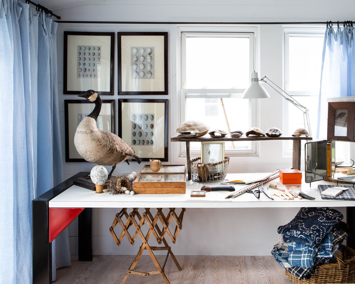 A corner of Sharon and Paul’s bedroom is dedicated to an expo of favorite curios (more egg-and-nest collections, a half dozen turtle shells, a taxidermied Canada goose) that evoke the land, the sea, nearby Carver’s Pond, and the rugged Northeast.