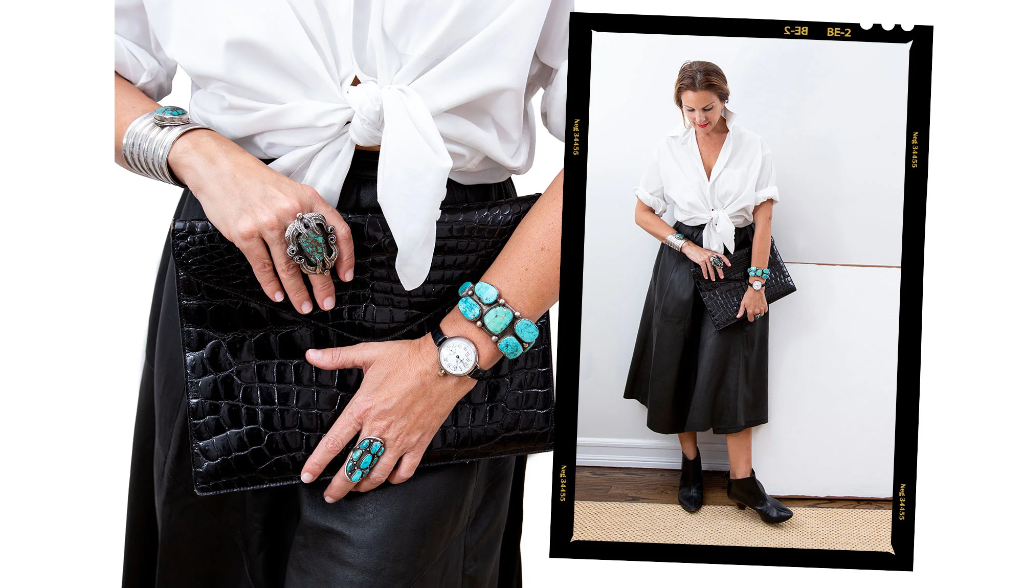 “I’ve been stealing them out of my best friend’s husband’s closet,” Clendening confesses of the white dress shirts that are a staple in her wardrobe. “He buys them at a thrift store, and I’ll find one that I like, and because they’re bigger, I roll up the sleeves and tie them at the waist. I’ll wear those with skirts or jeans, to either dress them up or not.”