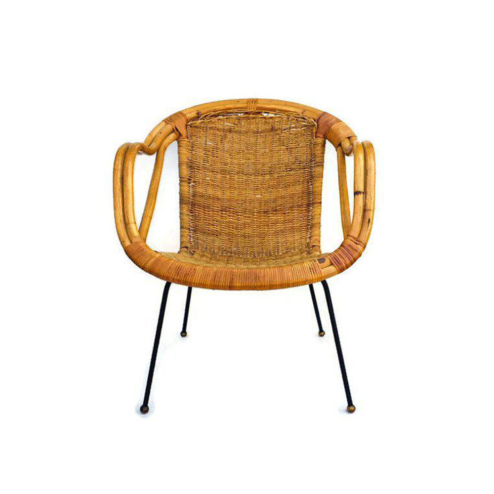 Mid Century Rattan &amp; Sculpted Bamboo Hoop Chair Cast Iron Legs $529
