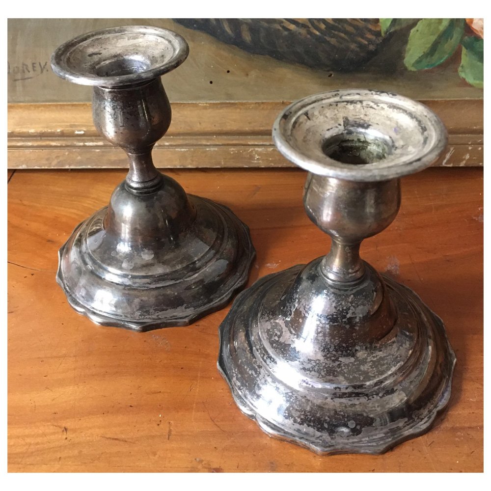 French Vintage Pair of Short Silver Plated Candlesticks, $138.44, Etsy
