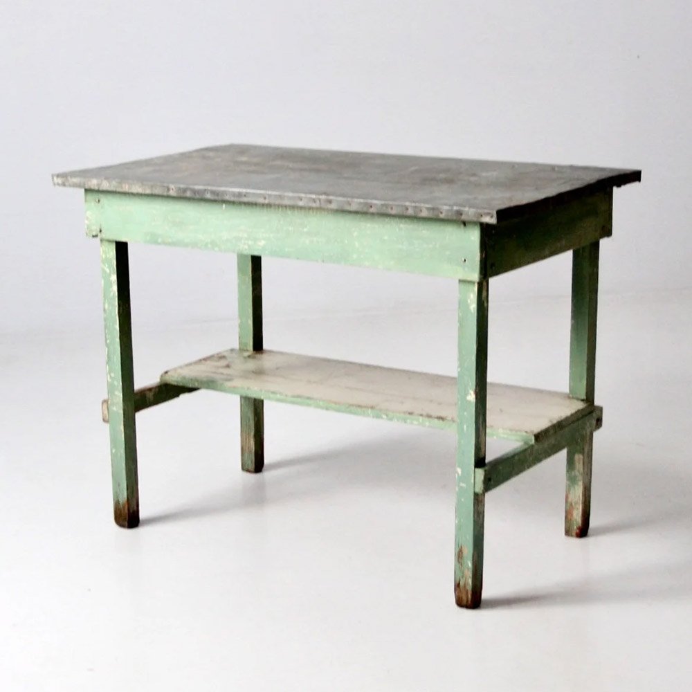 antique table with galvanized top, $2200, Etsy