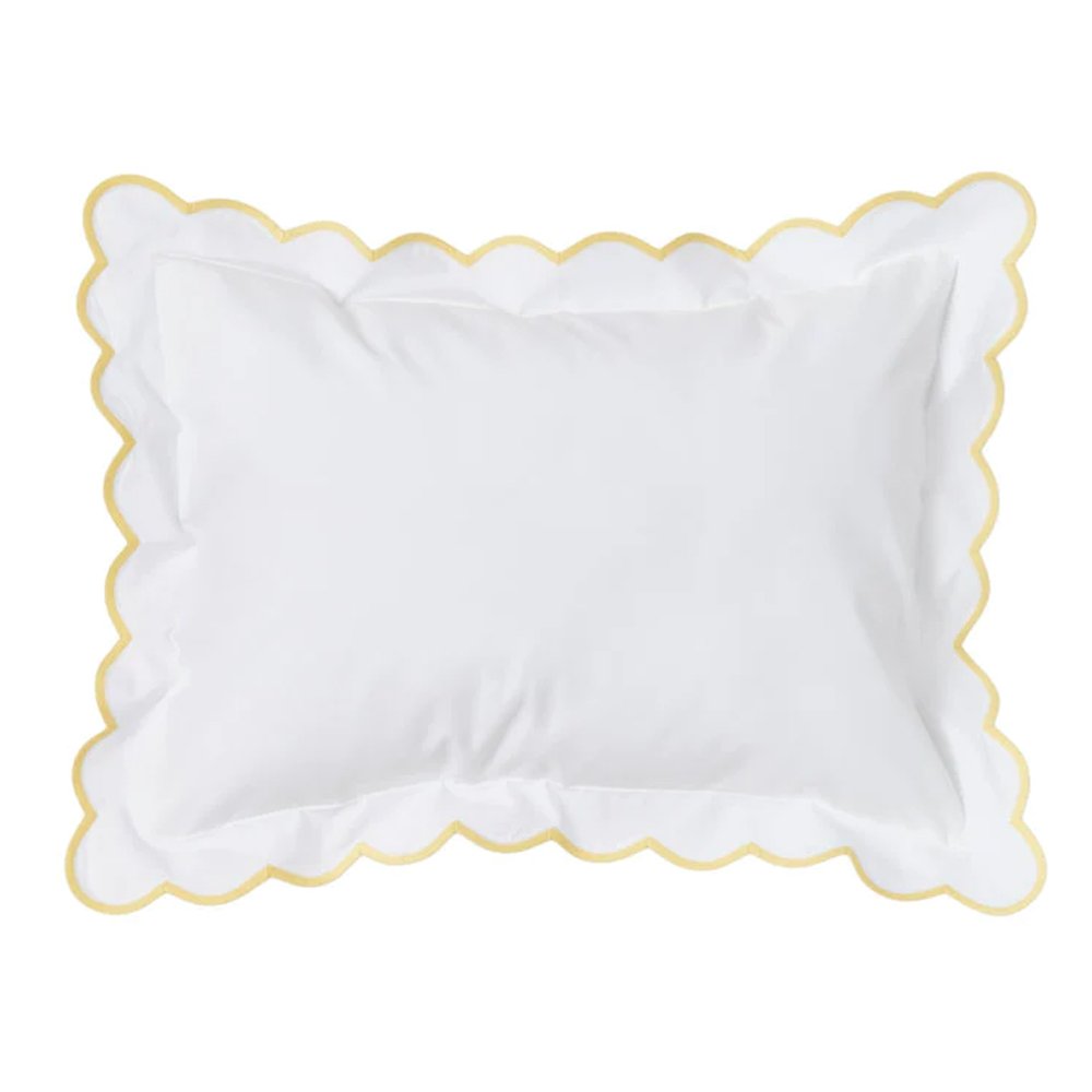 WHITE WITH #312 YELLOW SCALLOP BED LINENS, from $275, D. Porthault