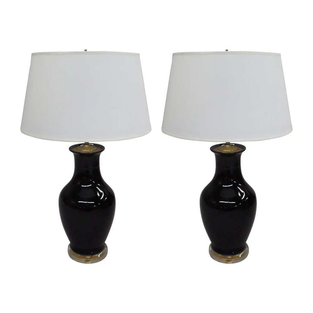Pair of French Mid-Century Modern Black Opaline Glass and Lucite Table Lamps, $1950, 1stDibs