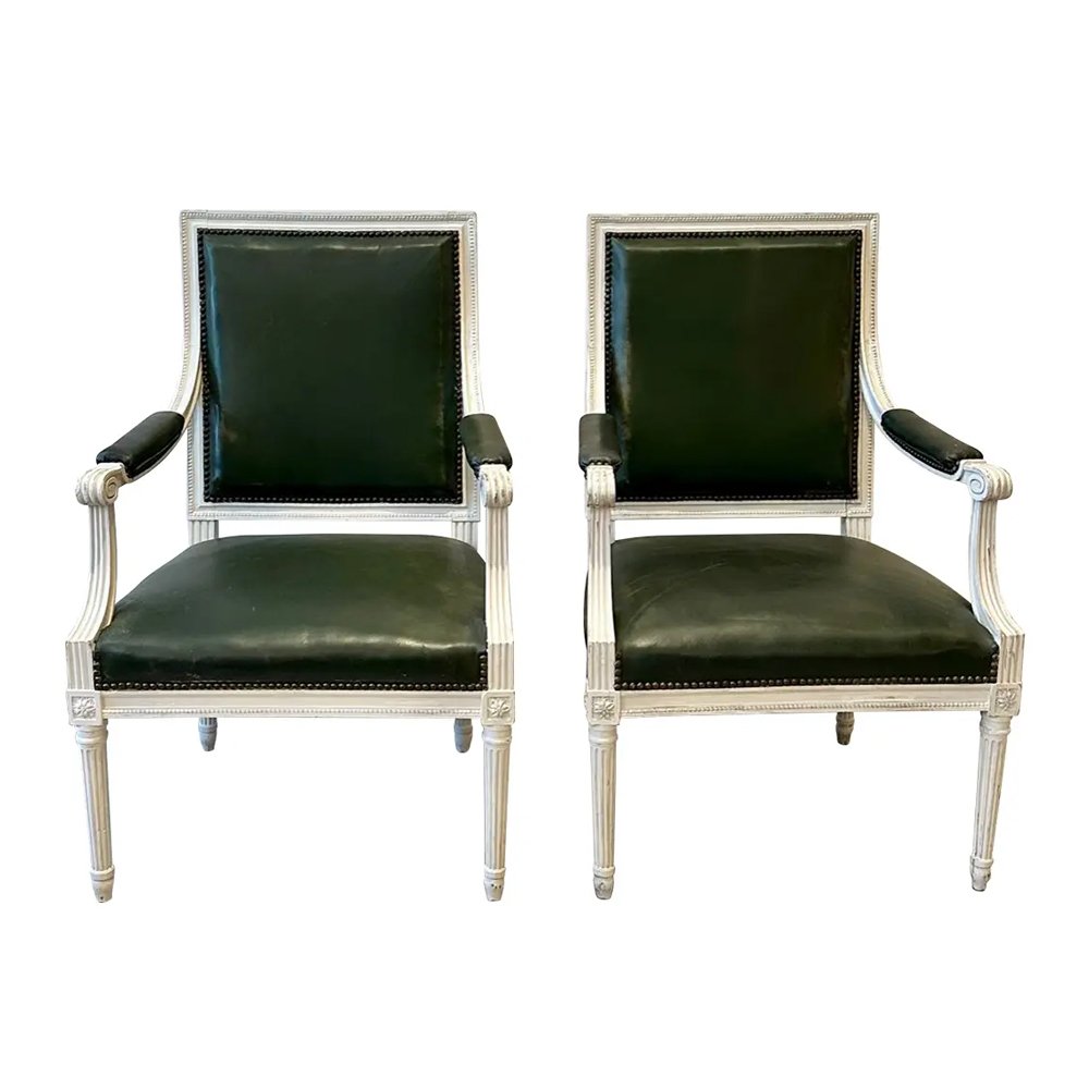 Antique Louis XV Painted Leather Armchairs -A Pair, $2750, Chairish