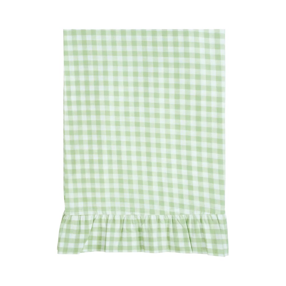 GREEN GINGHAM ROUND TABLECLOTH WITH RUFFLE, $125, Trudie