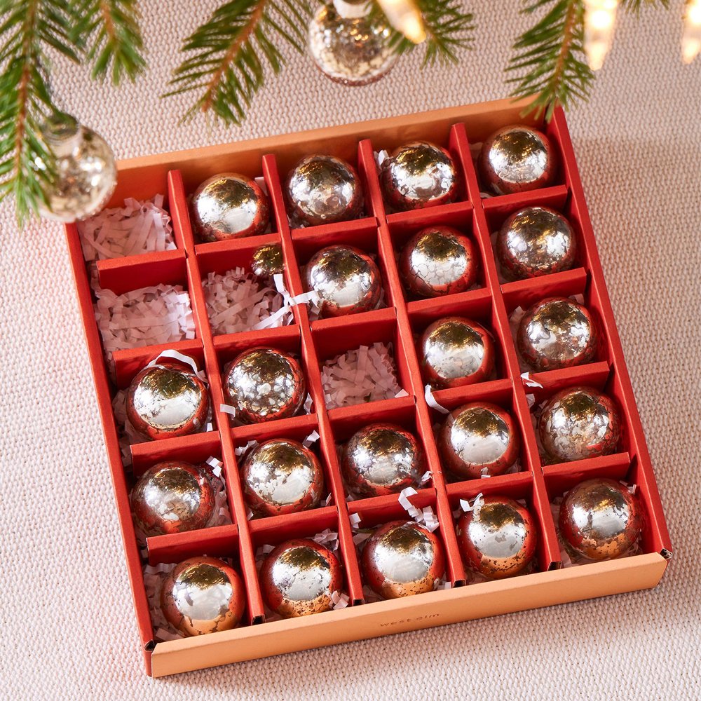 Mercury Boxed Ornaments (Set of 25), $39, West Elm