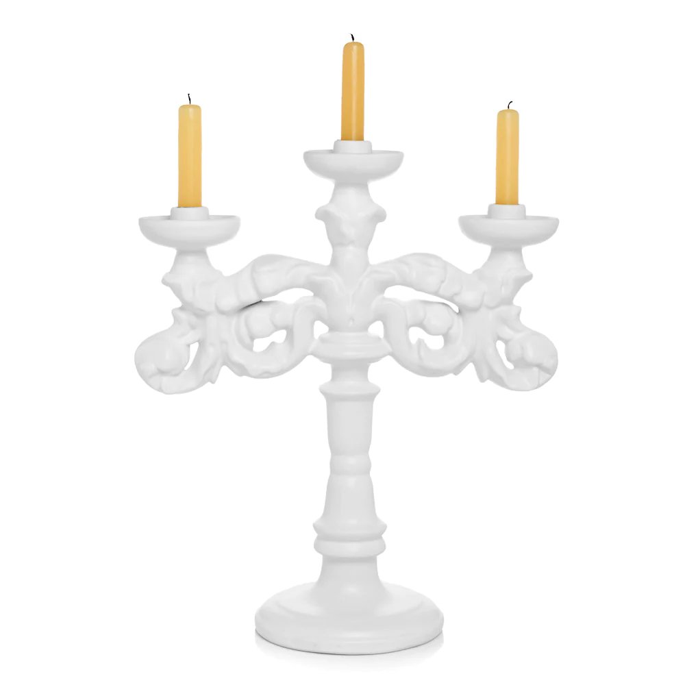 Baroque Matte White Ceramic Candelabra, $235, Hudson Grace