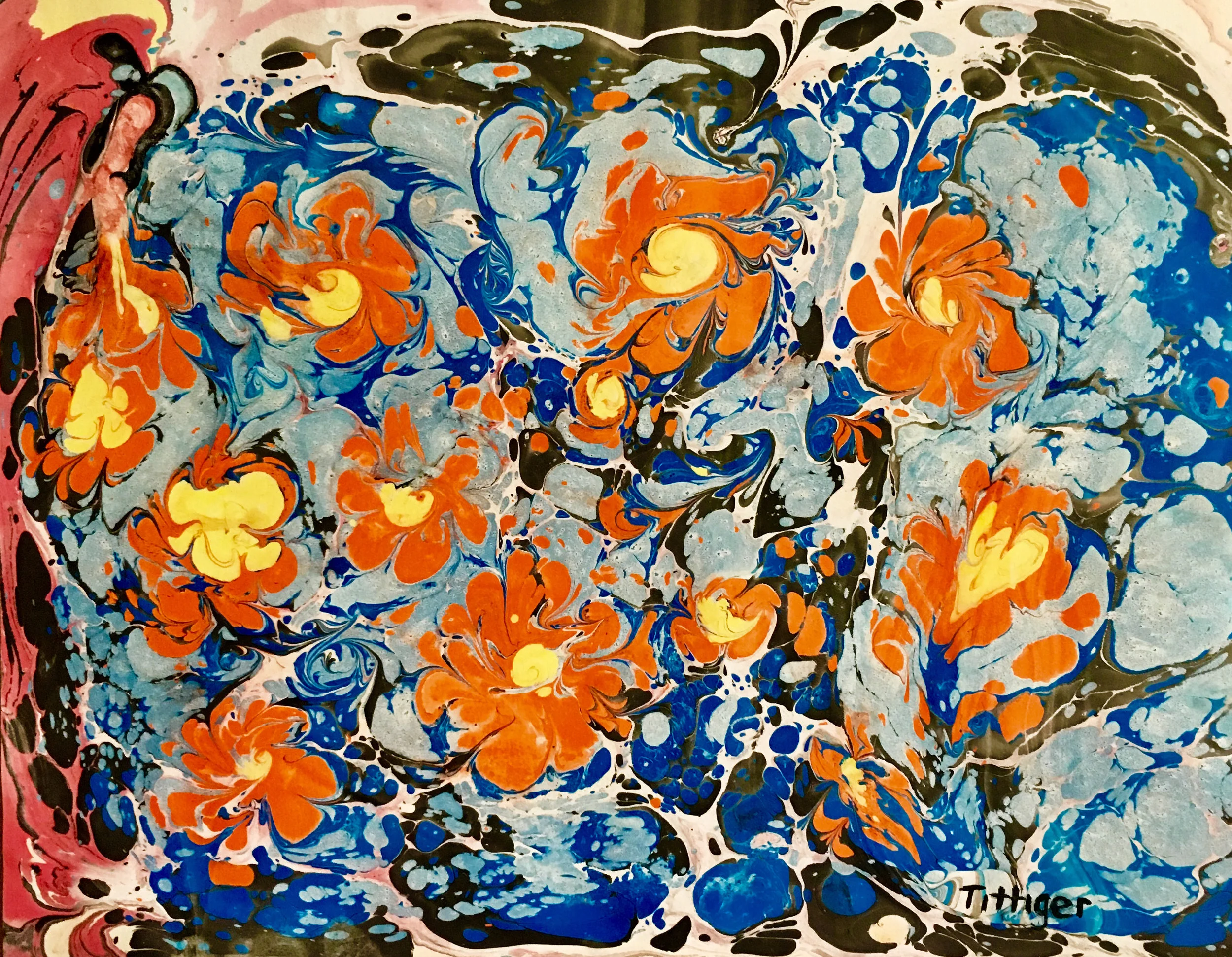 SUN BLOSSOMS This is a beautiful 16 x 20 acrylic marbling of orange blossoms.