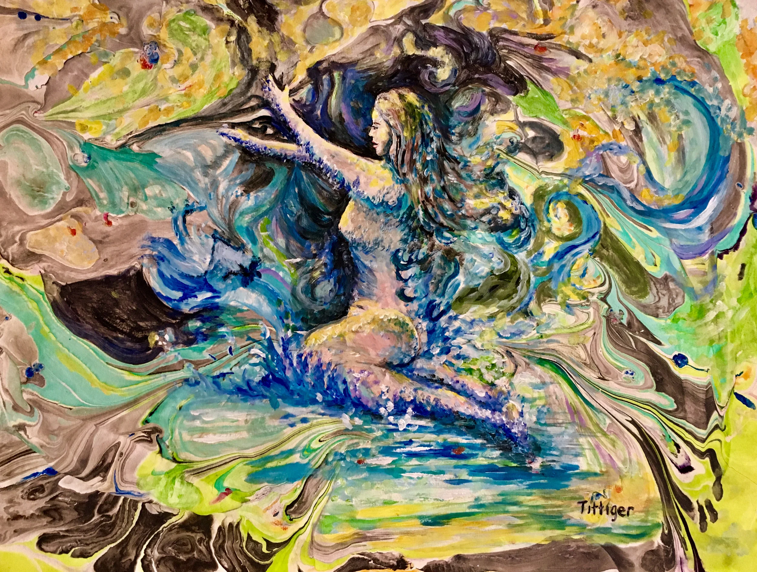 ESSENCE OF LIFE This is an 18 x 24 marbling with a painting of a woman emerging from the water.