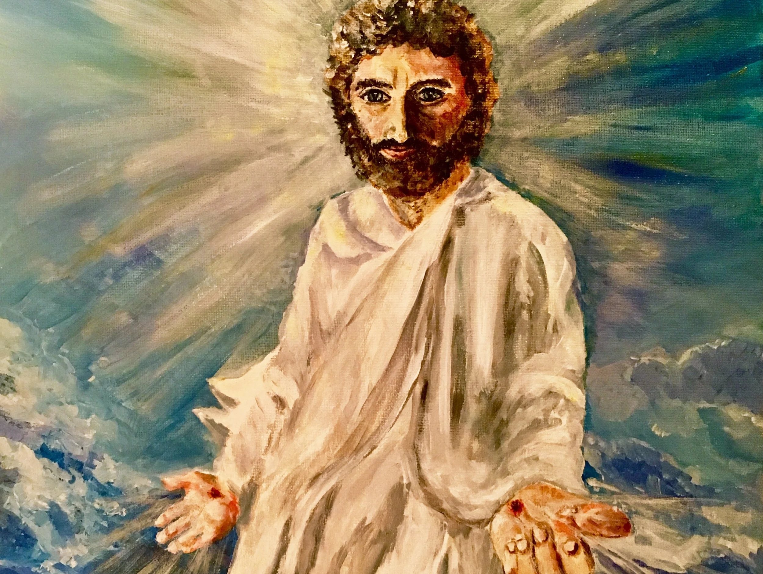JESUS GLORIFIED A 16 x 20 acrylic painting of Jesus after the resurrection. I painted this for our church and they used it in our 2018 Easter celebration. He is risen!