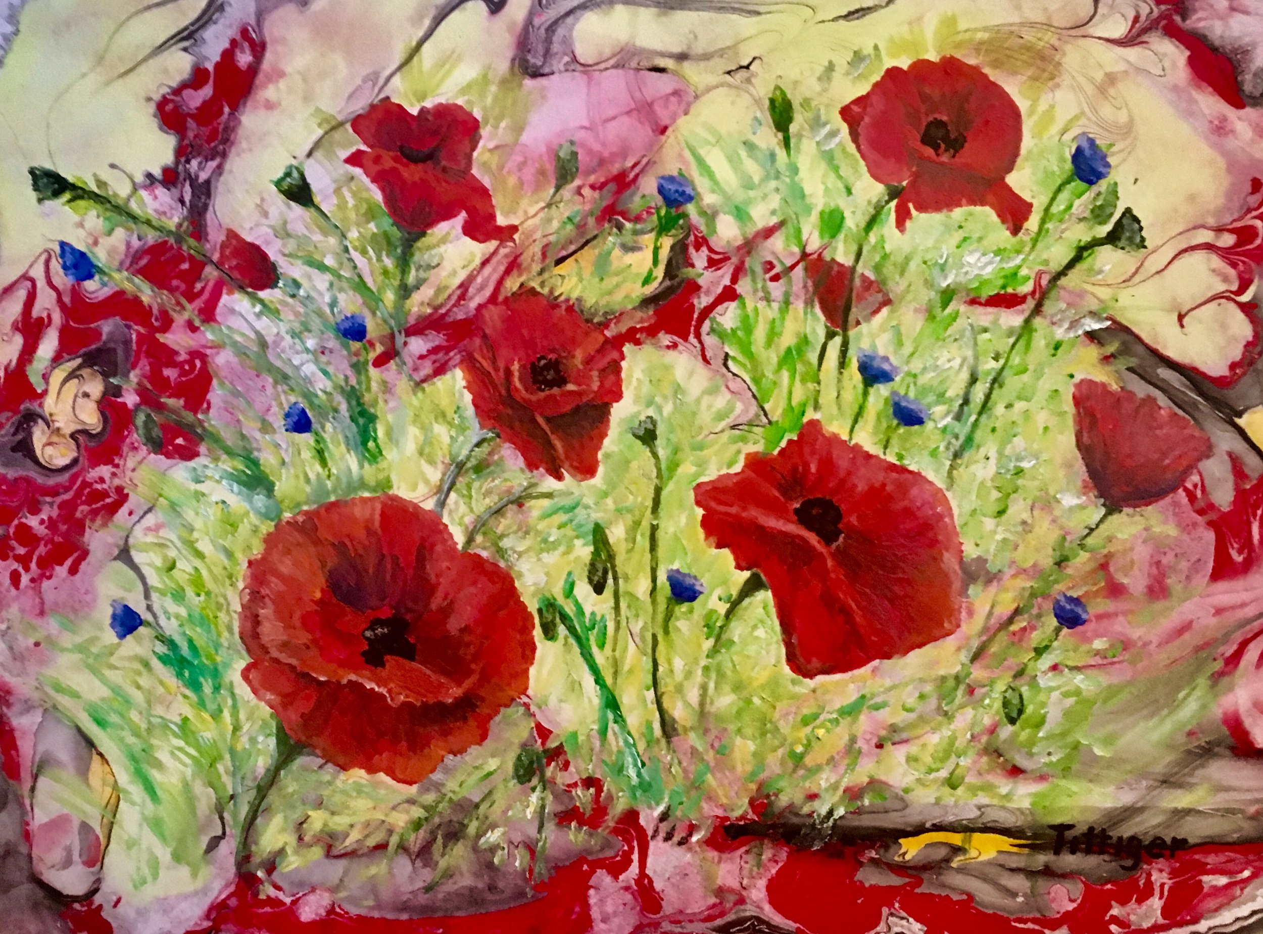 POPPY FIELD This is an 18 x 24 acrylic marbling with a painting over top. The poppies and bachelor buttons are whimsical. This painting will be at the Northland Public Library, Pittsburgh, PA from 6/1/19 - 8/26/19