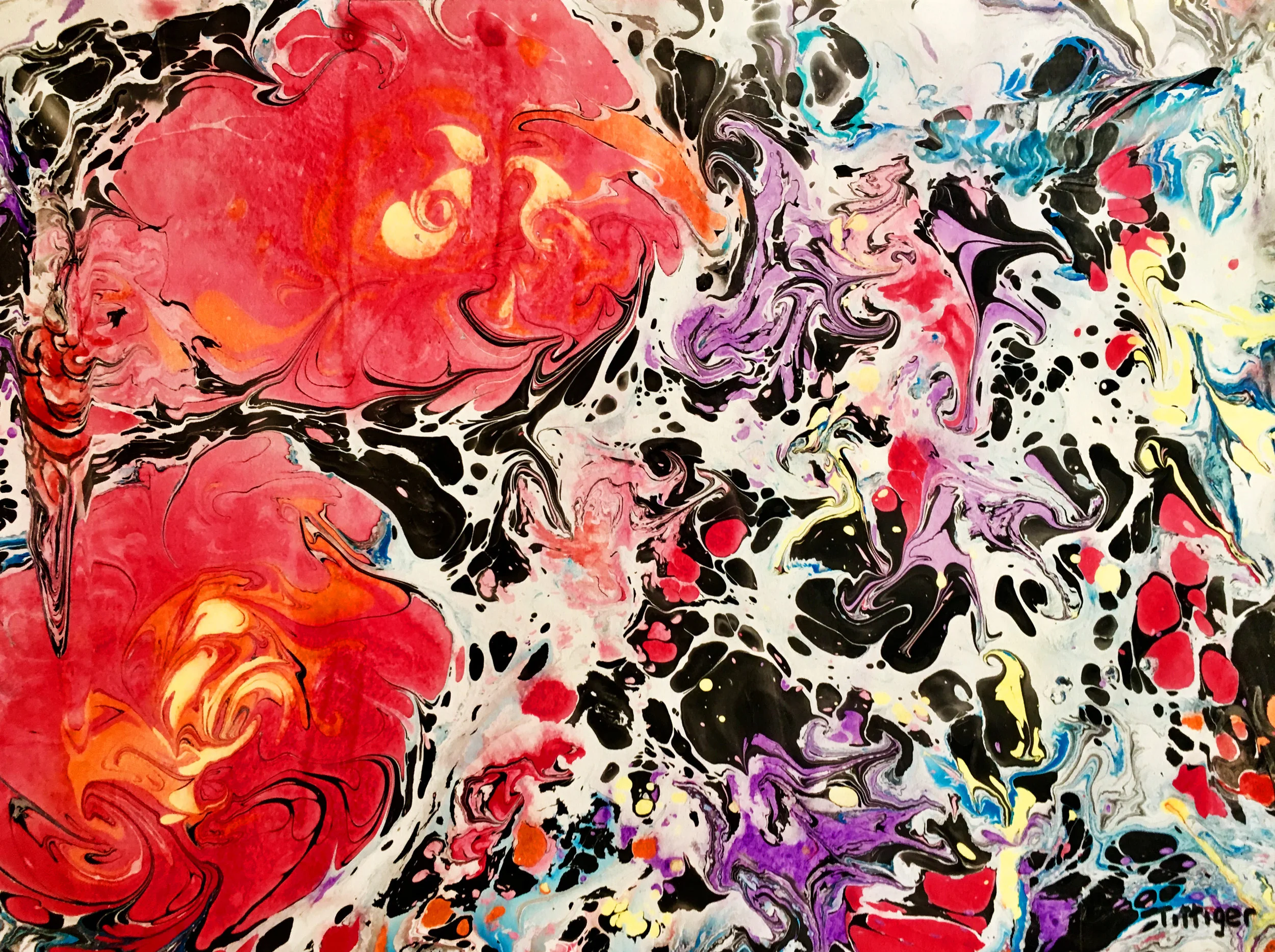 POPPIES This is an 18 x 24 acrylic marbling. The two large flowers seem to balance out the picture with all the colors on the opposite side. 