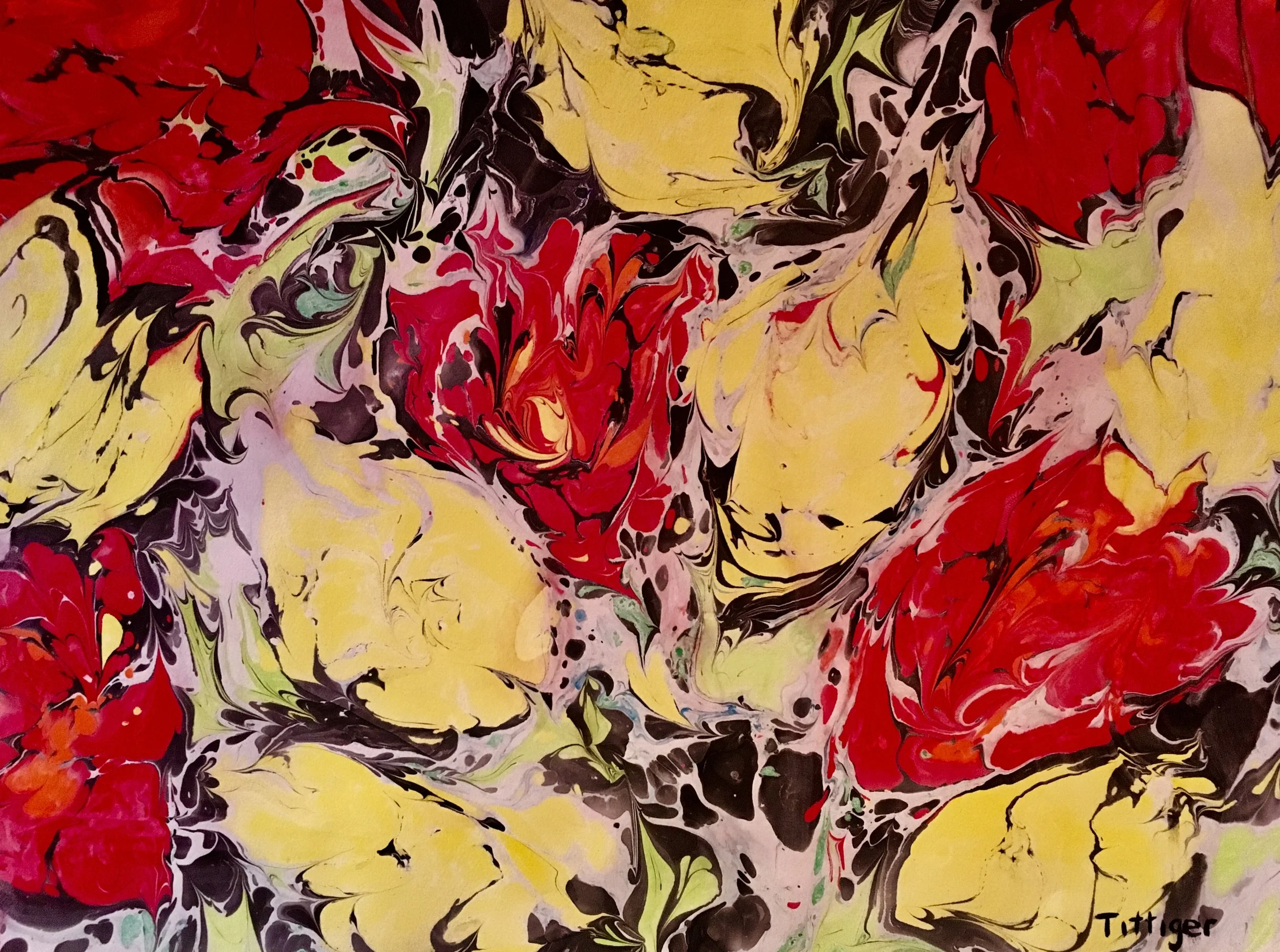 HOLLAND This is an 18 x 24 acrylic marbling. It is an abstract of numerous tulips.